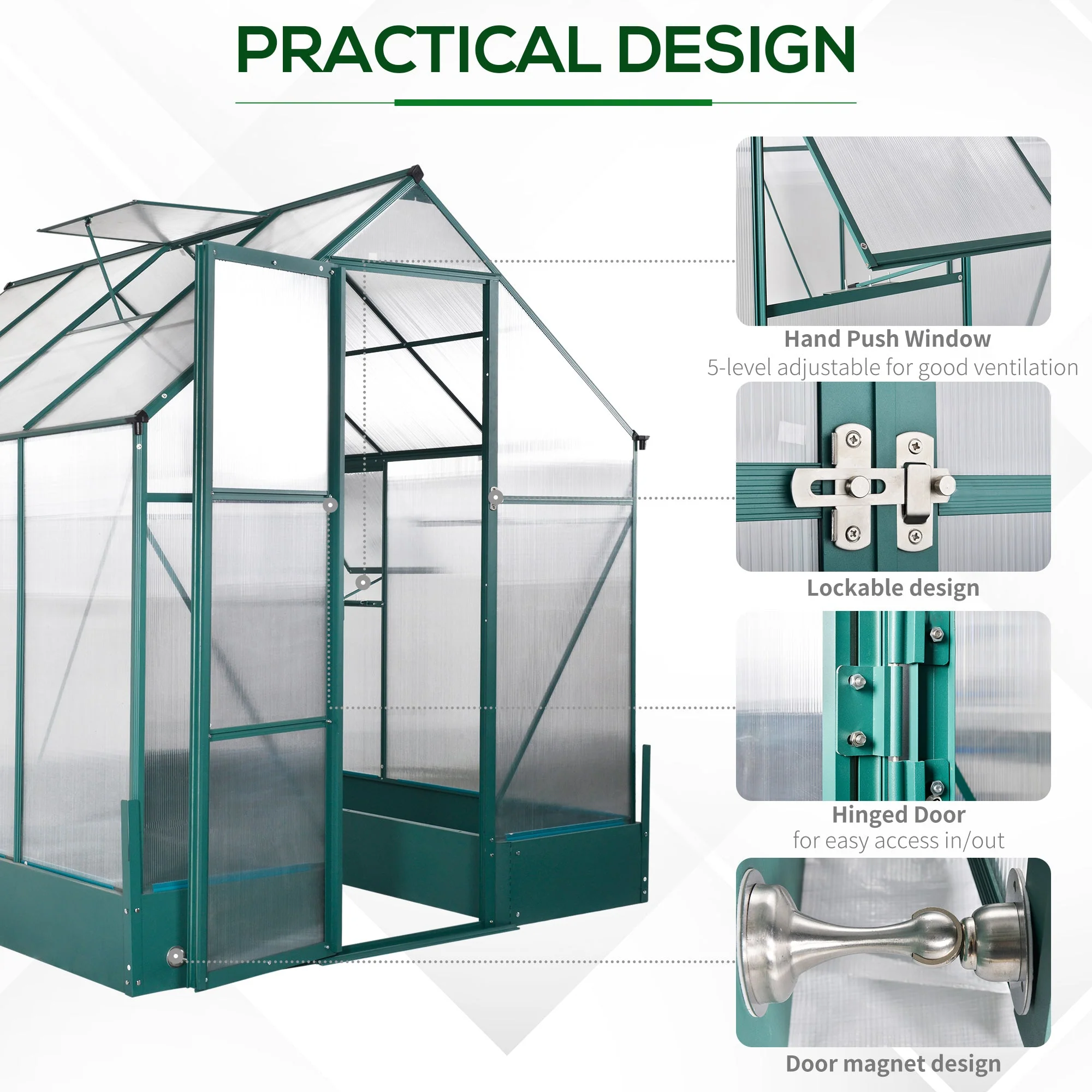 Garden Walk-in Aluminium Greenhouse Polycarbonate with Plant Bed - Image 5