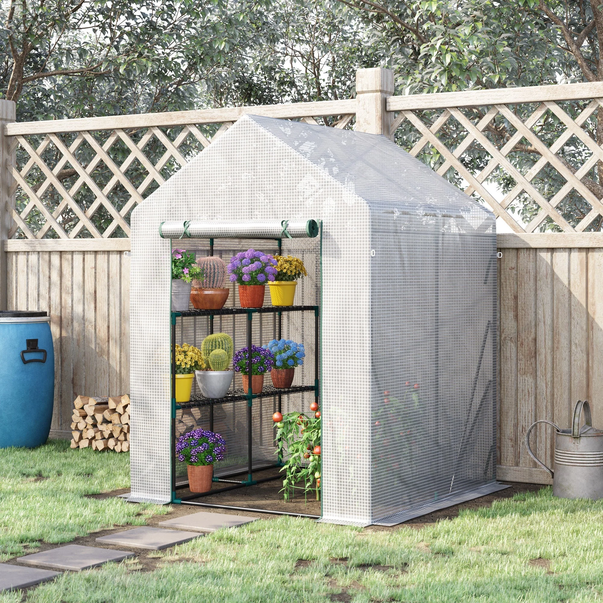 Greenhouse for Outdoor w/ 2 Tier Shelf Roll-Up Zippered Door PE Cover Green - Image 2