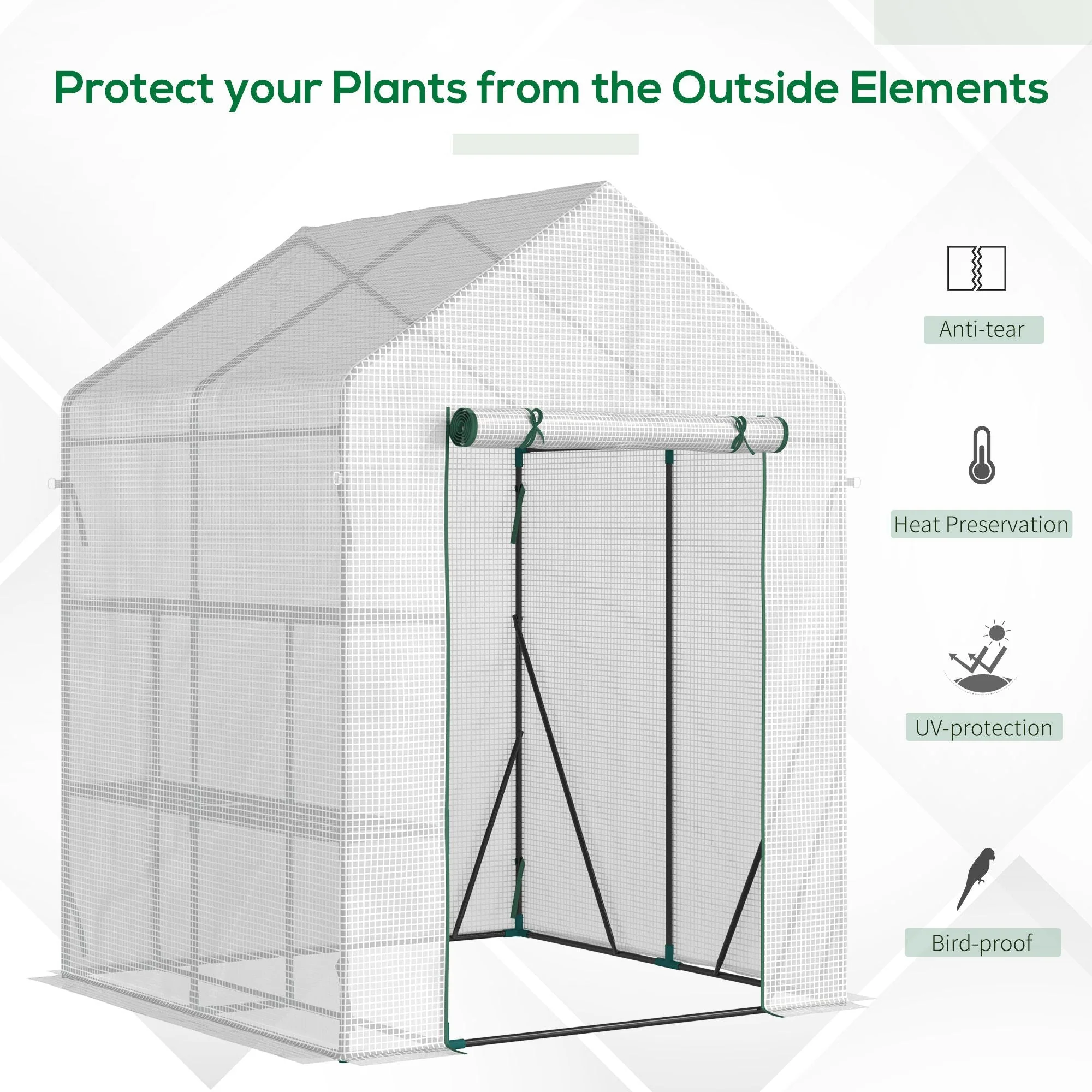 Greenhouse for Outdoor w/ 2 Tier Shelf Roll-Up Zippered Door PE Cover Green - Image 4