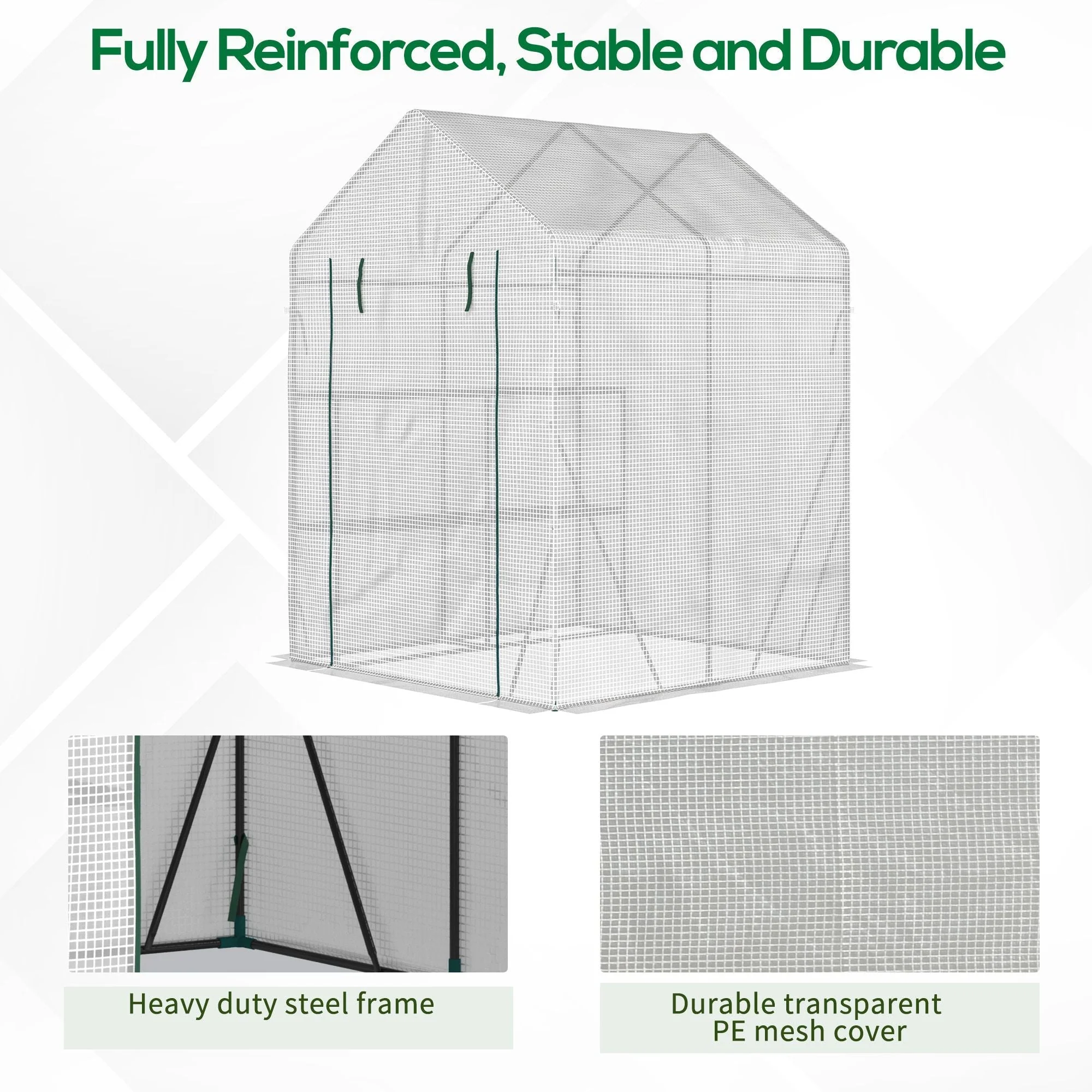 Greenhouse for Outdoor w/ 2 Tier Shelf Roll-Up Zippered Door PE Cover Green - Image 6