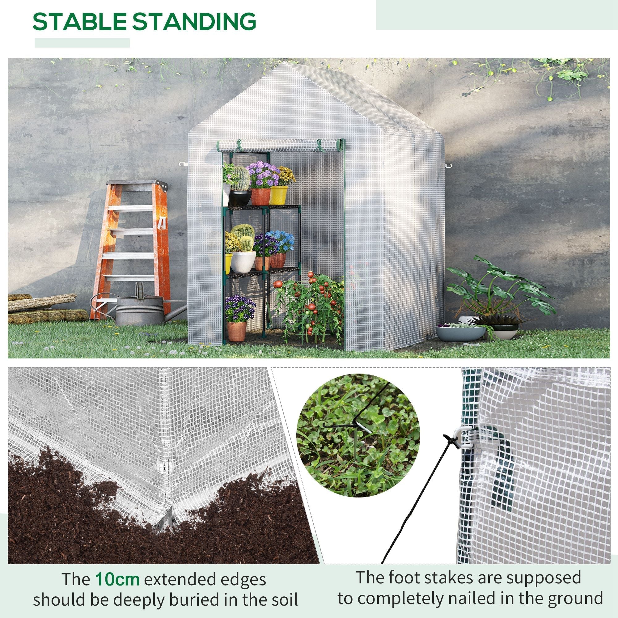 Greenhouse for Outdoor w/ 2 Tier Shelf Roll-Up Zippered Door PE Cover Green - Image 7