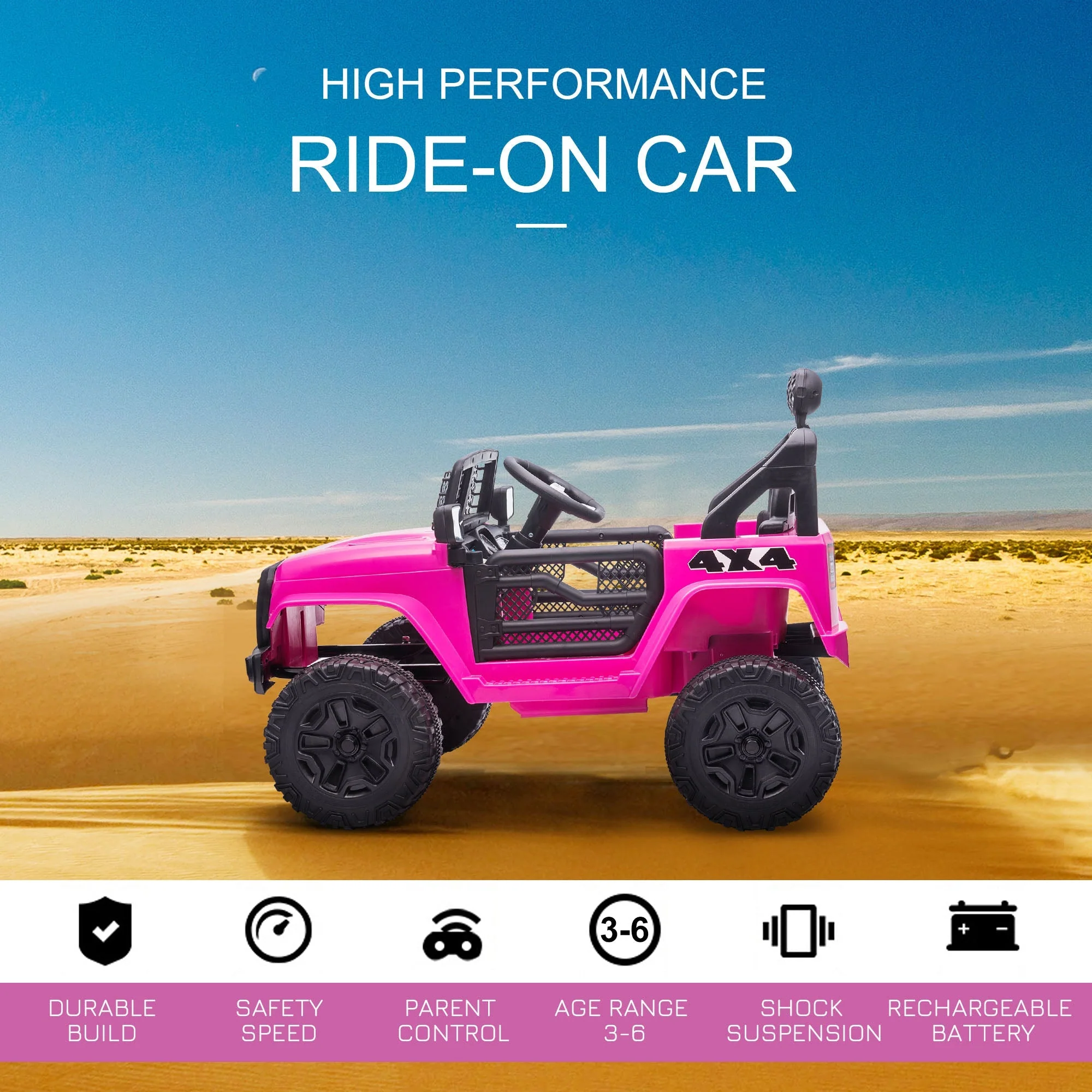 Homcom 12V Battery-powered 2 Motors Kids Electric Ride On Car Truck Off-road Toy with Parental Remote Control Horn Lights Suspension Wheels for 3-6 Years Old Pink - Image 3