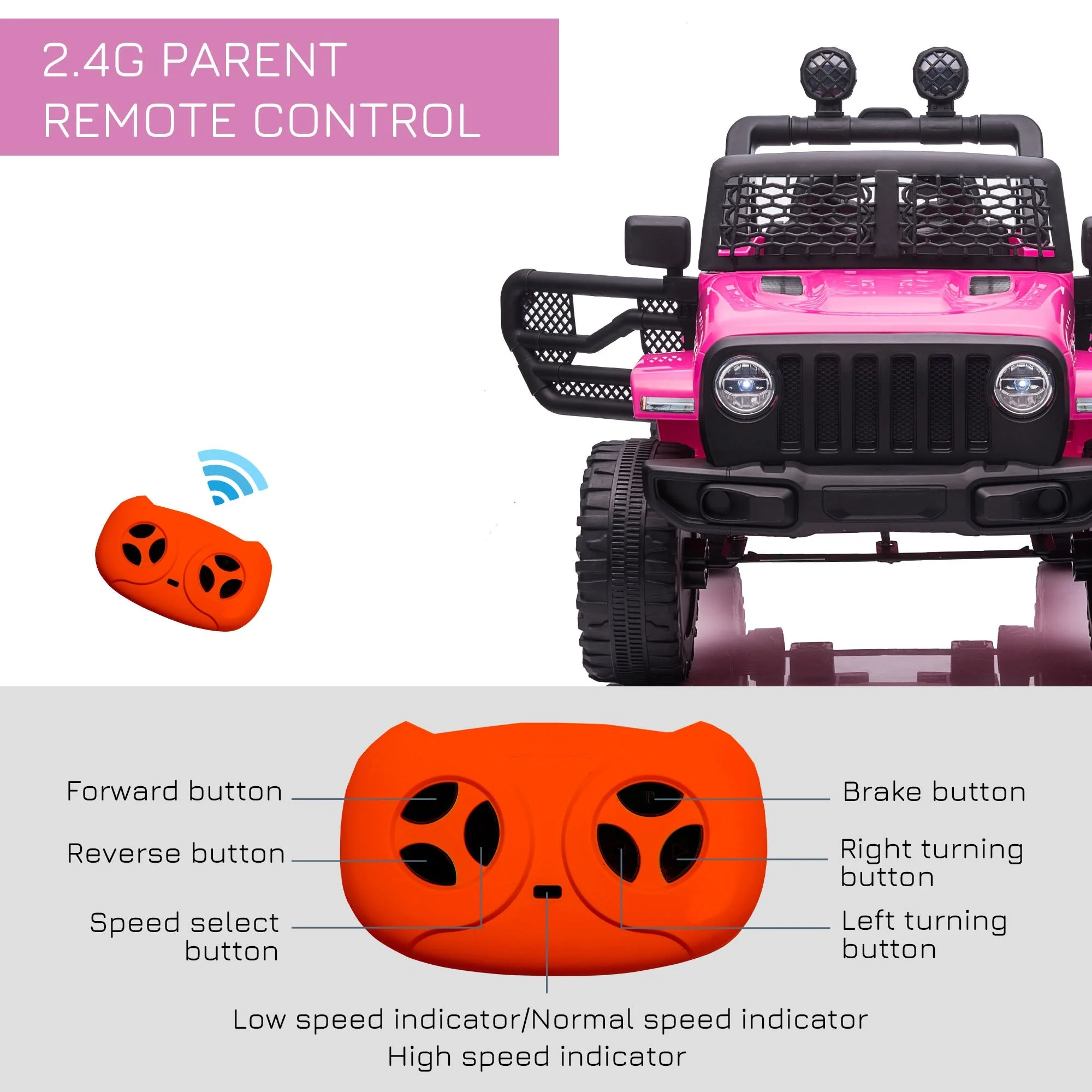 Homcom 12V Battery-powered 2 Motors Kids Electric Ride On Car Truck Off-road Toy with Parental Remote Control Horn Lights Suspension Wheels for 3-6 Years Old Pink - Image 5