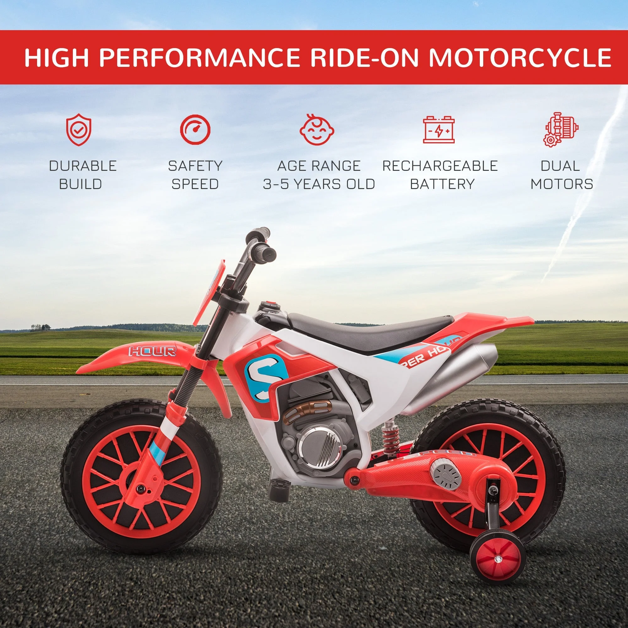 Homcom 12V Kids Electric Motorcycle Ride-On With Training Wheels For Ages 3-6 Years - Red - Image 3