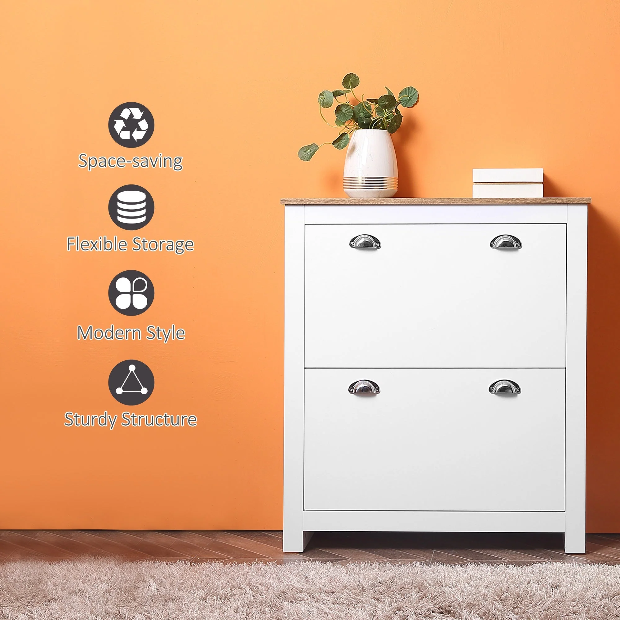 Homcom 2 Drawer Shoe Cabinet Narrow Shoe Cupboard With Flip Doors Adjustable Shelf - Image 7