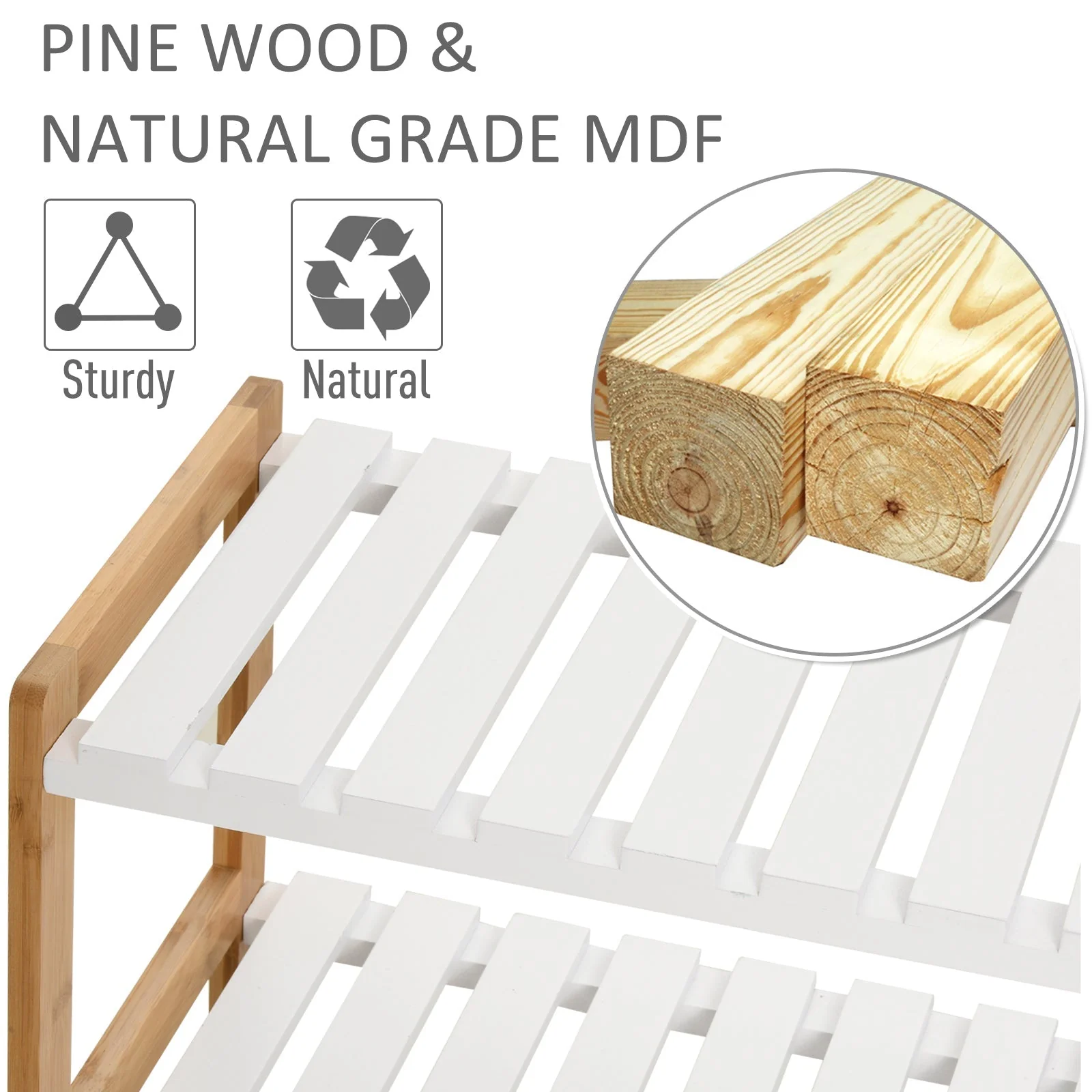 Homcom 3-Tier Shoe Rack Wood Frame Slatted Shelves Spacious Open Hygienic Storage Home Hallway Furniture Family Guests 70L x 26W x 57.5H cm - Natural - Image 5