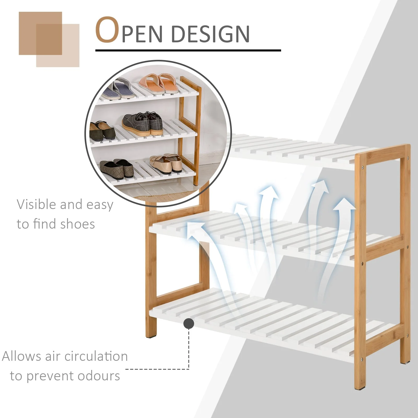 Homcom 3-Tier Shoe Rack Wood Frame Slatted Shelves Spacious Open Hygienic Storage Home Hallway Furniture Family Guests 70L x 26W x 57.5H cm - Natural - Image 6