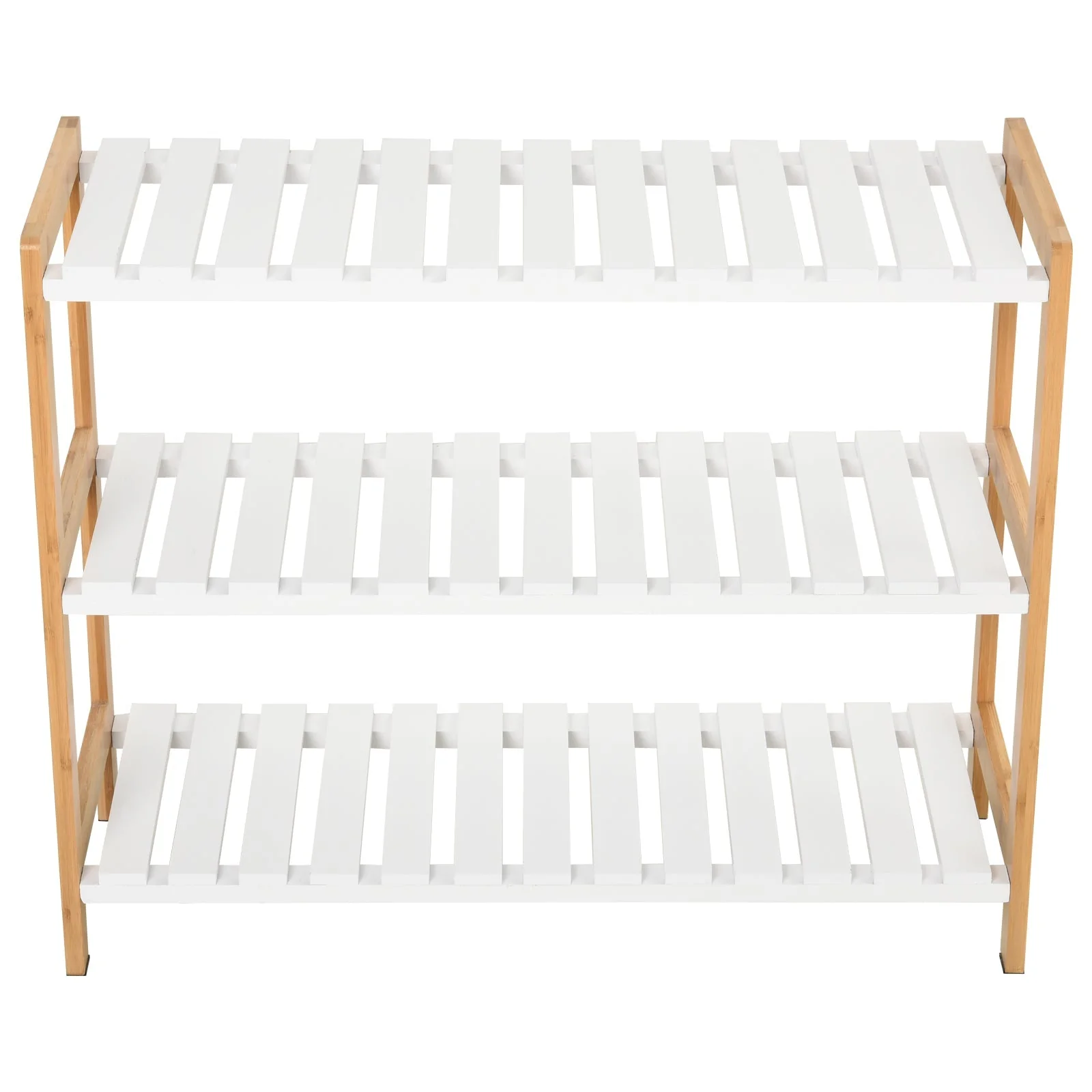 Homcom 3-Tier Shoe Rack Wood Frame Slatted Shelves Spacious Open Hygienic Storage Home Hallway Furniture Family Guests 70L x 26W x 57.5H cm - Natural - Image 8