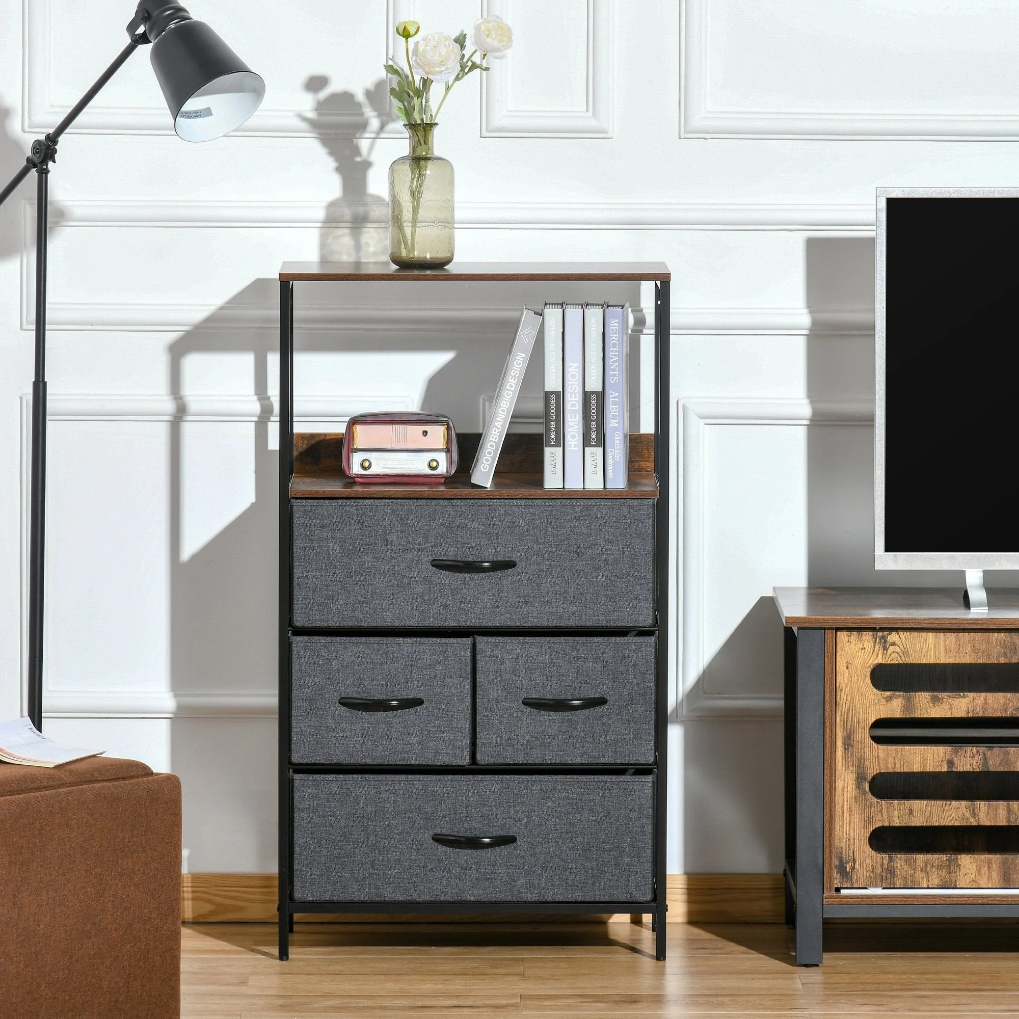 Homcom 4 Drawer Storage Chest Unit Home Cabinet With Shelves Home Living Room Bedroom Entryway Living Furniture Black - Image 2