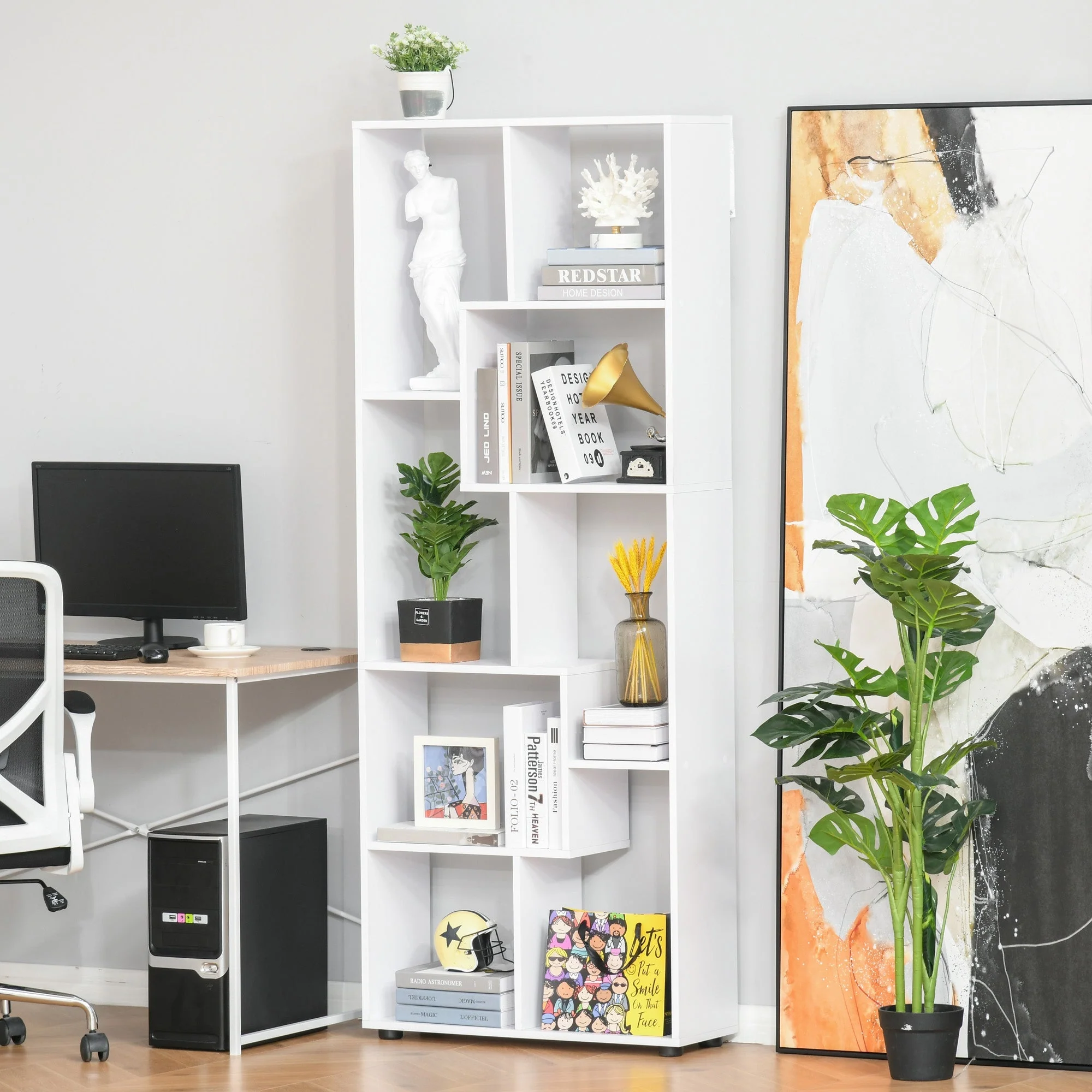 Homcom 8-Tier Freestanding Bookcase W/ Melamine Surface Anti-Tipping Foot Pads Home Display Storage Grid Stand Bedroom Living Room Furniture Modern Style - White - Image 4