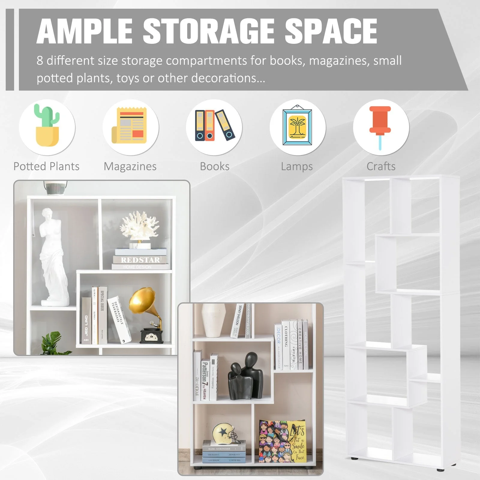 Homcom 8-Tier Freestanding Bookcase W/ Melamine Surface Anti-Tipping Foot Pads Home Display Storage Grid Stand Bedroom Living Room Furniture Modern Style - White - Image 6