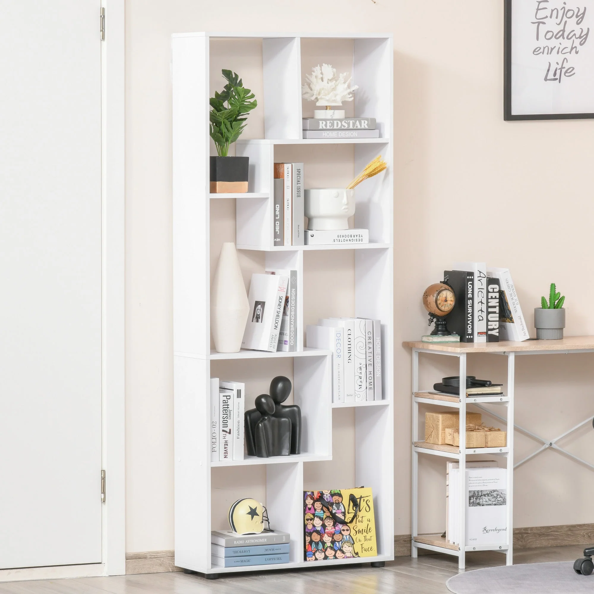 Homcom 8-Tier Freestanding Bookcase W/ Melamine Surface Anti-Tipping Foot Pads Home Display Storage Grid Stand Bedroom Living Room Furniture Modern Style - White - Image 9