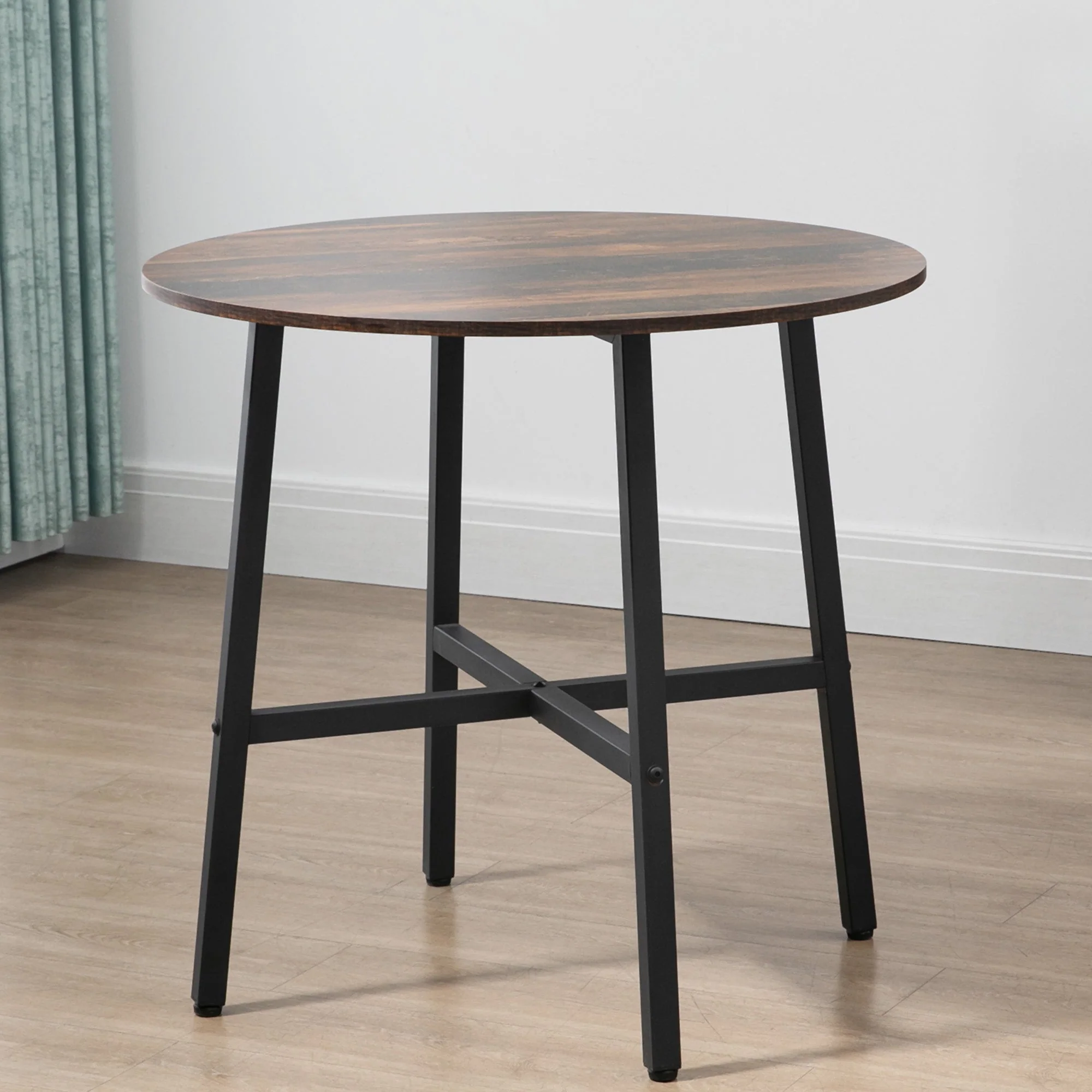 Homcom 85cm Dining Room Table Industrial Style Kitchen Table Round With Steel Legs Rustic Brown - Image 8