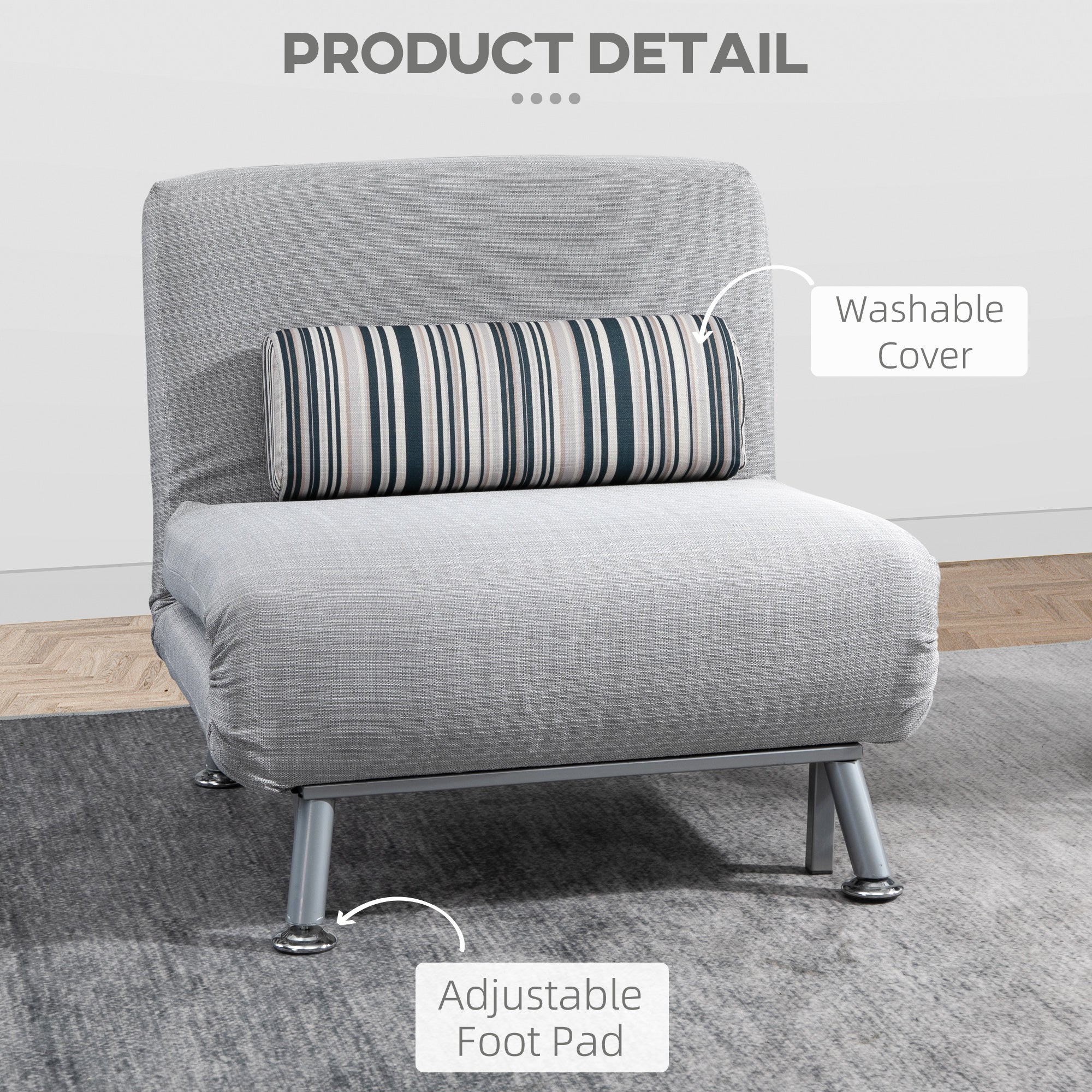 Homcom Adjustable Back Futon Sofa Chair - Grey - Image 5