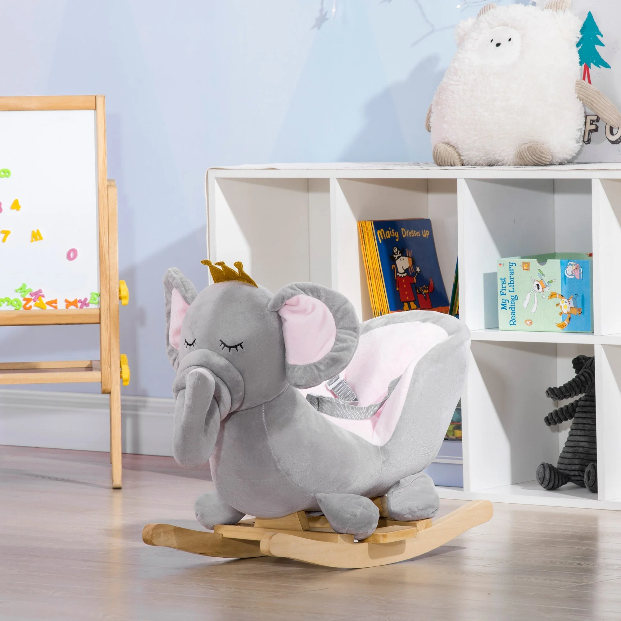 Homcom Baby Rocking Horse Elephant Rocking Chair Rocker Toy With Wooden Base Seat Safety Belt For 1.5-3 Year Old Grey - Image 7