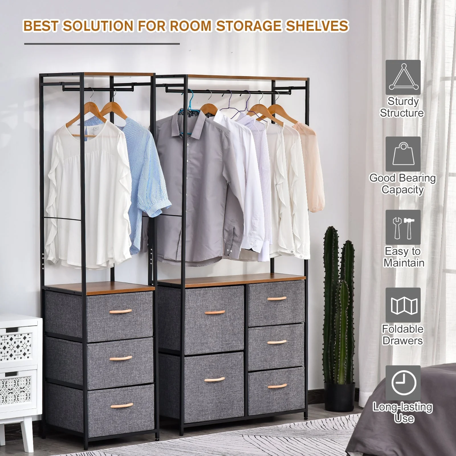 Homcom Chest of Drawers with Coat rack Steel Frame 5 Drawers Bedroom Hallway Home Furniture Black Brown - Image 4