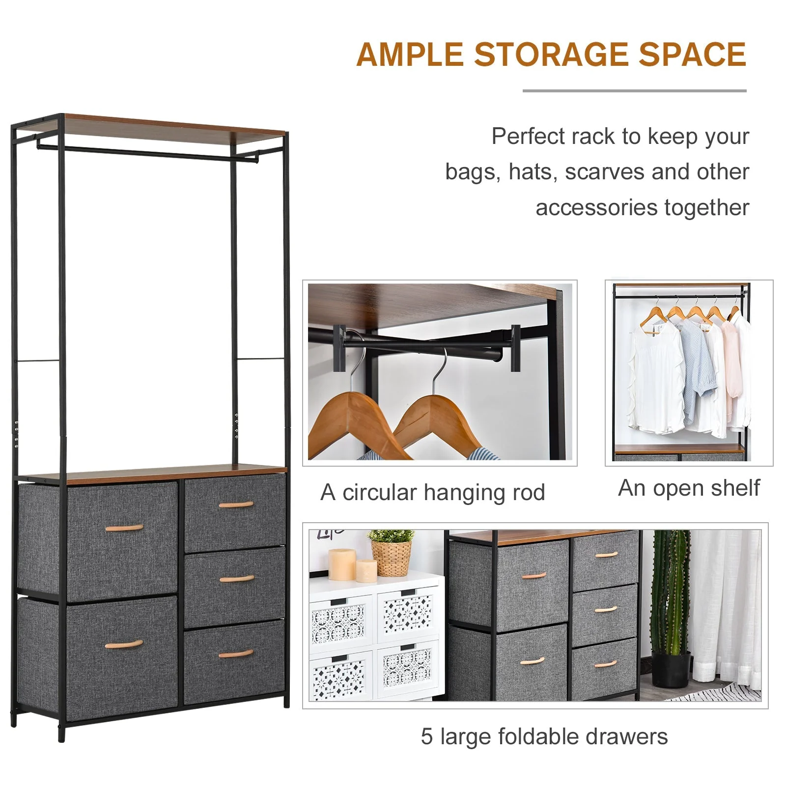 Homcom Chest of Drawers with Coat rack Steel Frame 5 Drawers Bedroom Hallway Home Furniture Black Brown - Image 5