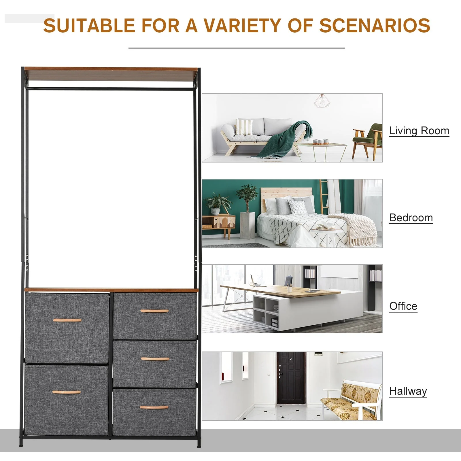 Homcom Chest of Drawers with Coat rack Steel Frame 5 Drawers Bedroom Hallway Home Furniture Black Brown - Image 6