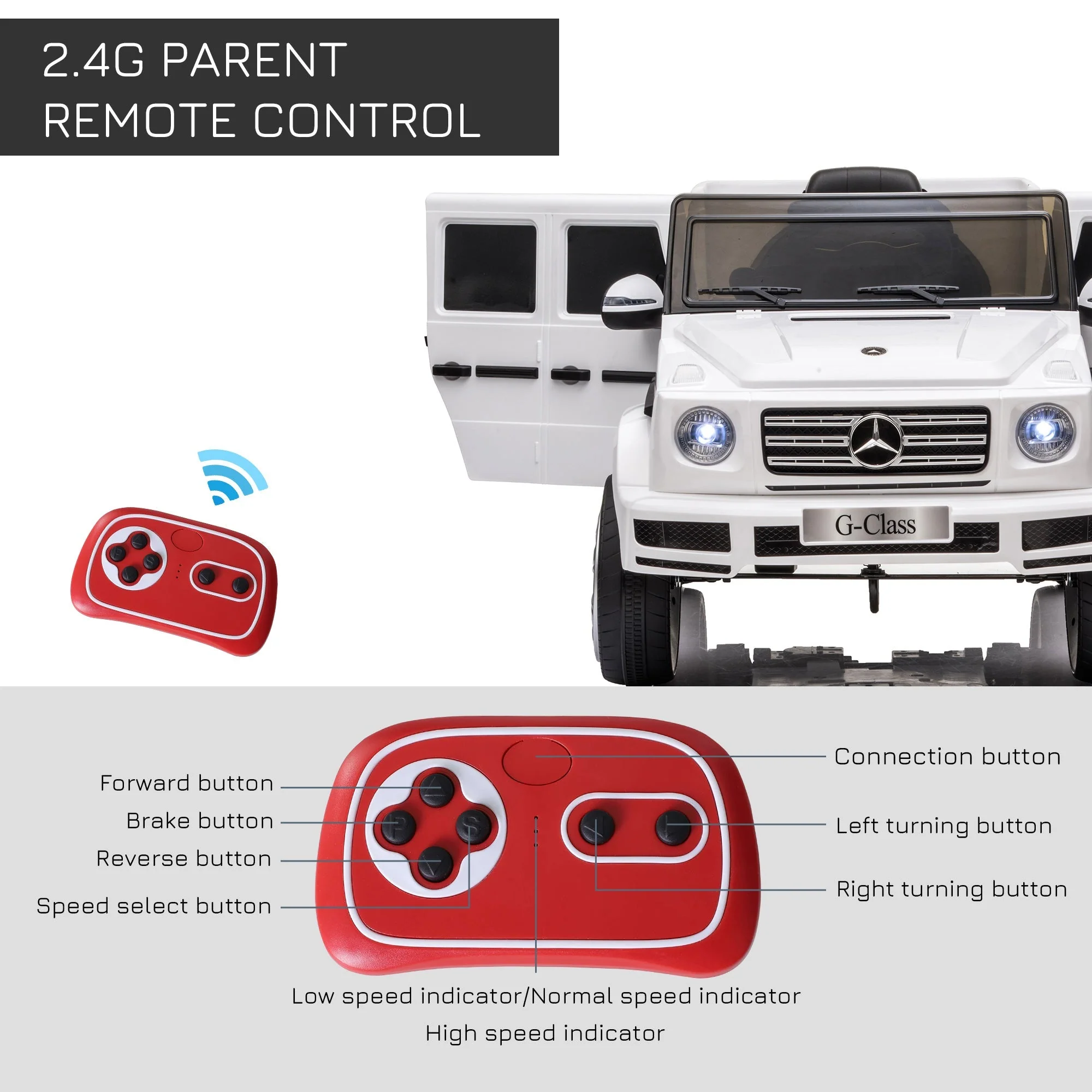 Homcom Compatible 12V Battery-powered 2 Motors Kids Electric Ride On Car Mercedes Benz G500 Toy with Parental Remote Control Music Lights MP3 Suspension Wheels for 3-8 Years Old White - Image 6