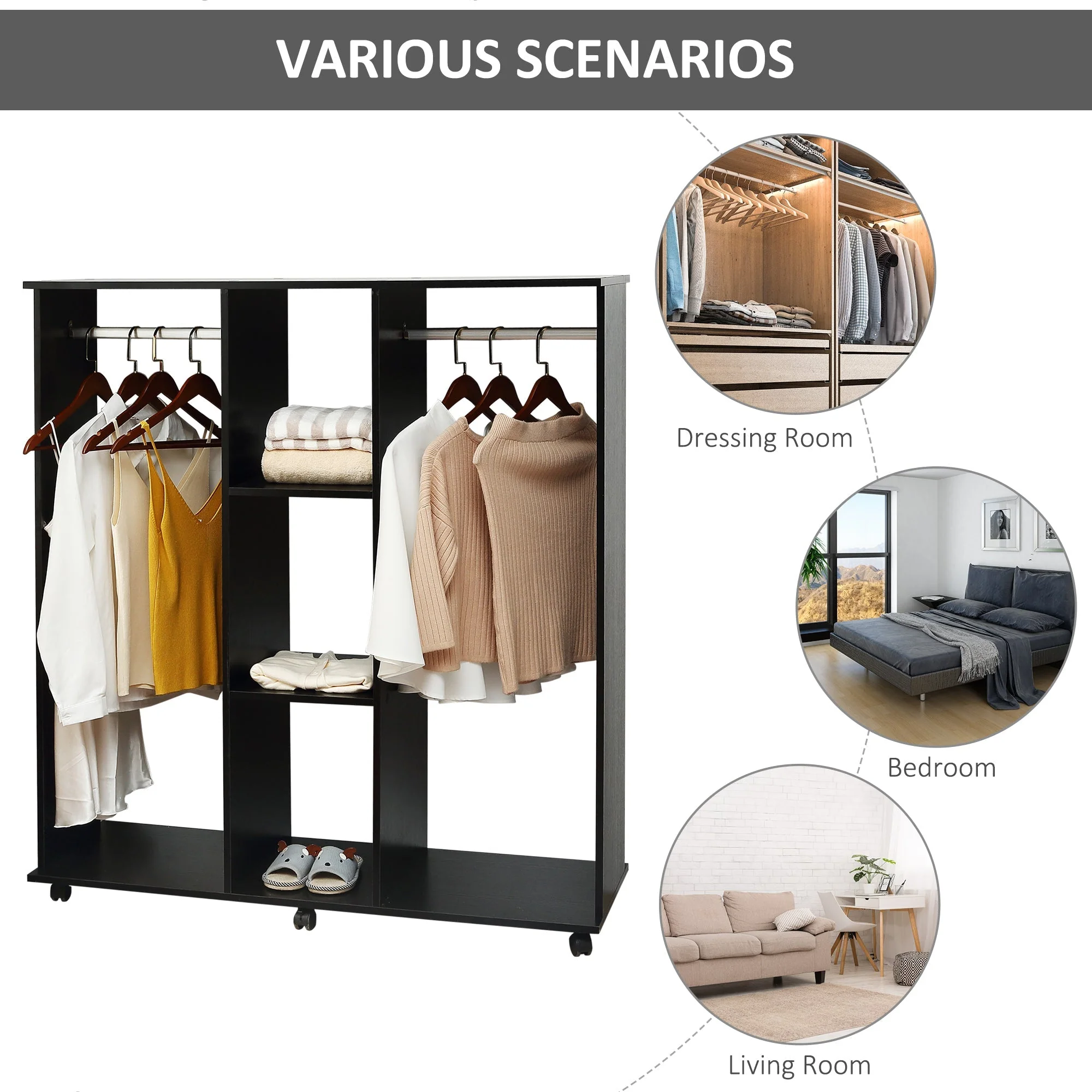Homcom Double Mobile Open Wardrobe With Clothes Hanging Rails Storage Shelves Organizer Bedroom Furniture - Black - Image 5