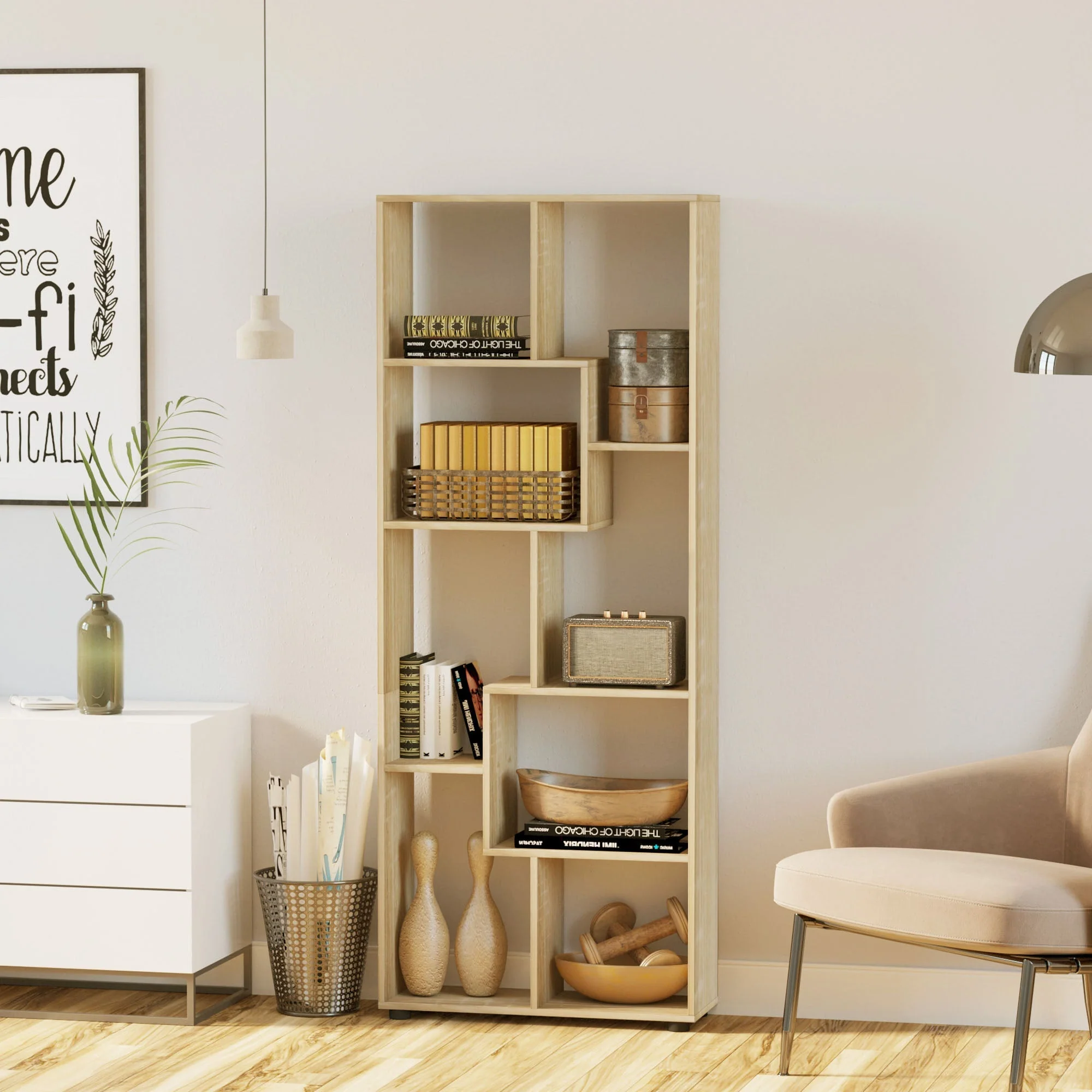Homcom Eight-Section Tall Shelving Unit - Oak Effect - Image 2