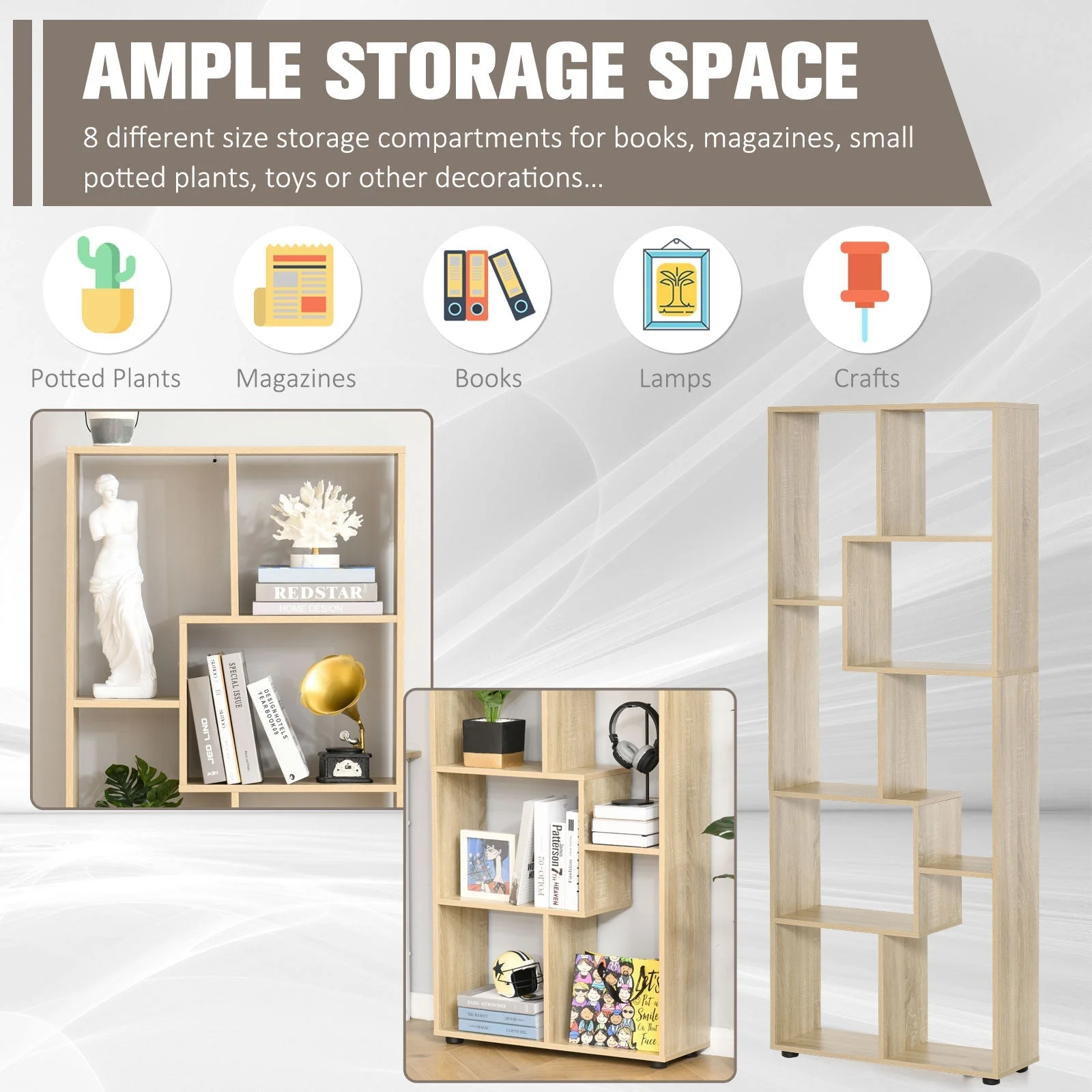 Homcom Eight-Section Tall Shelving Unit - Oak Effect - Image 4