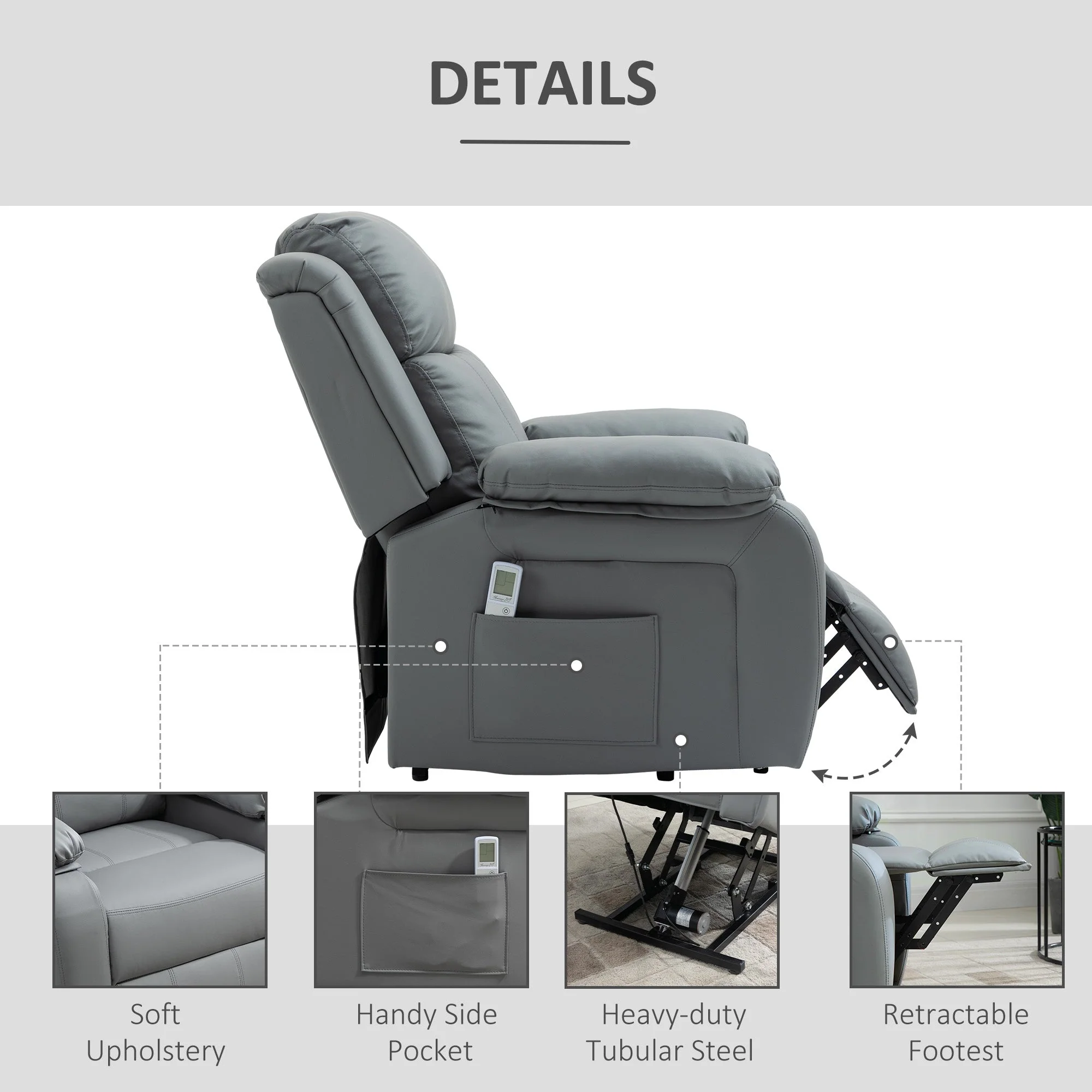 Homcom Electric Power Lift Recliner Chair Vibration Massage Reclining Chair with Remote Control and Side Pocket - Image 4