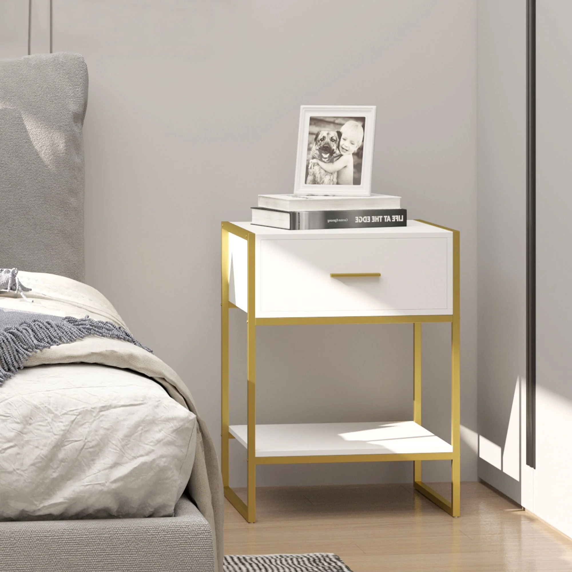 Homcom Elegant Gold-Tone Metal Frame Side Table With Drawer - Image 2