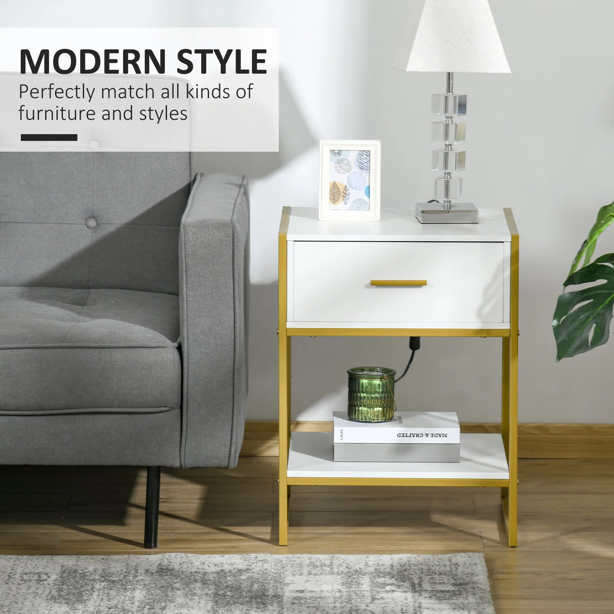 Homcom Elegant Gold-Tone Metal Frame Side Table With Drawer - Image 4