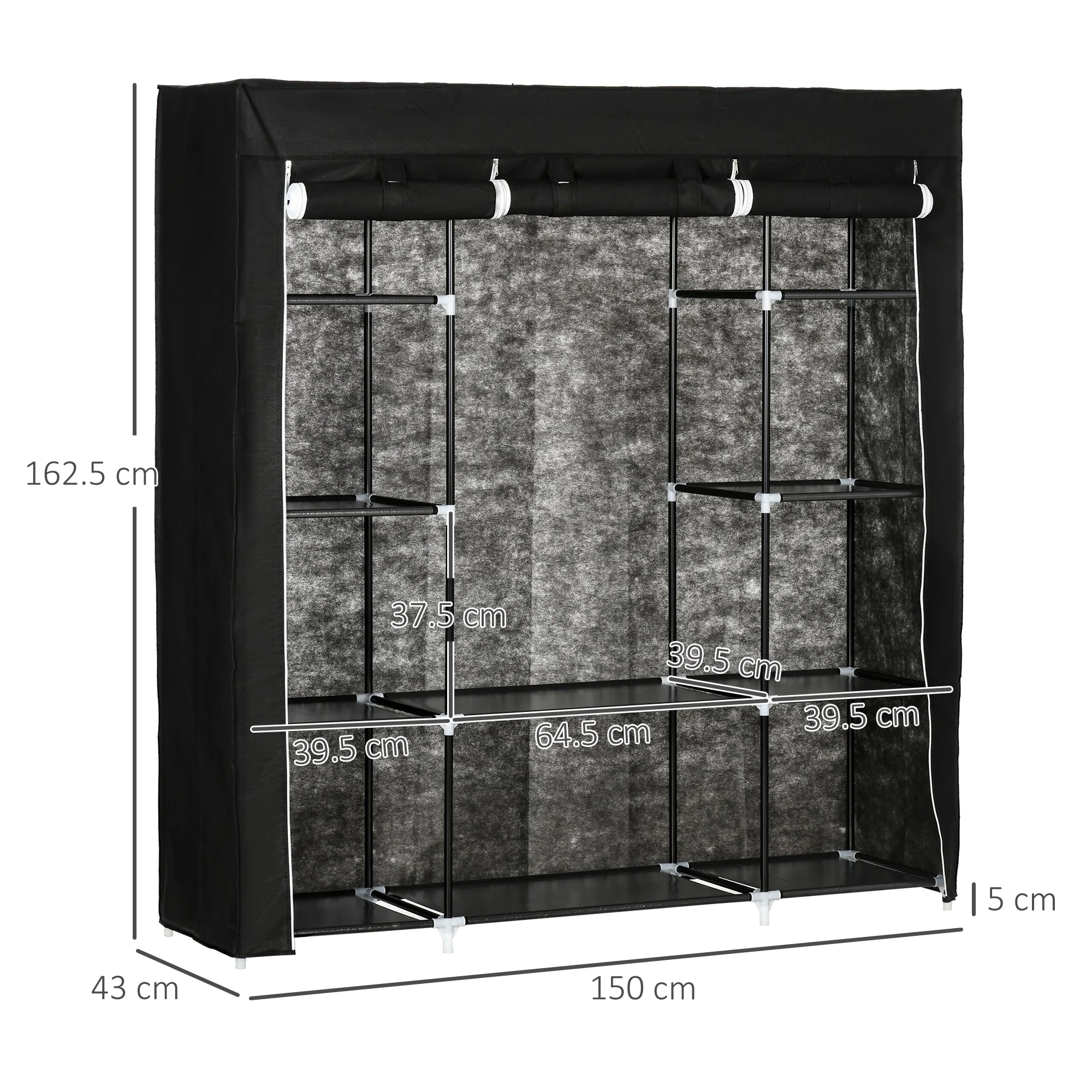 Homcom Fabric Wardrobe Portable Wardrobe With 10 Shelves 1 Hanging Rail Foldable Closets 150 X 43 X 162.5 cm Black - Image 3