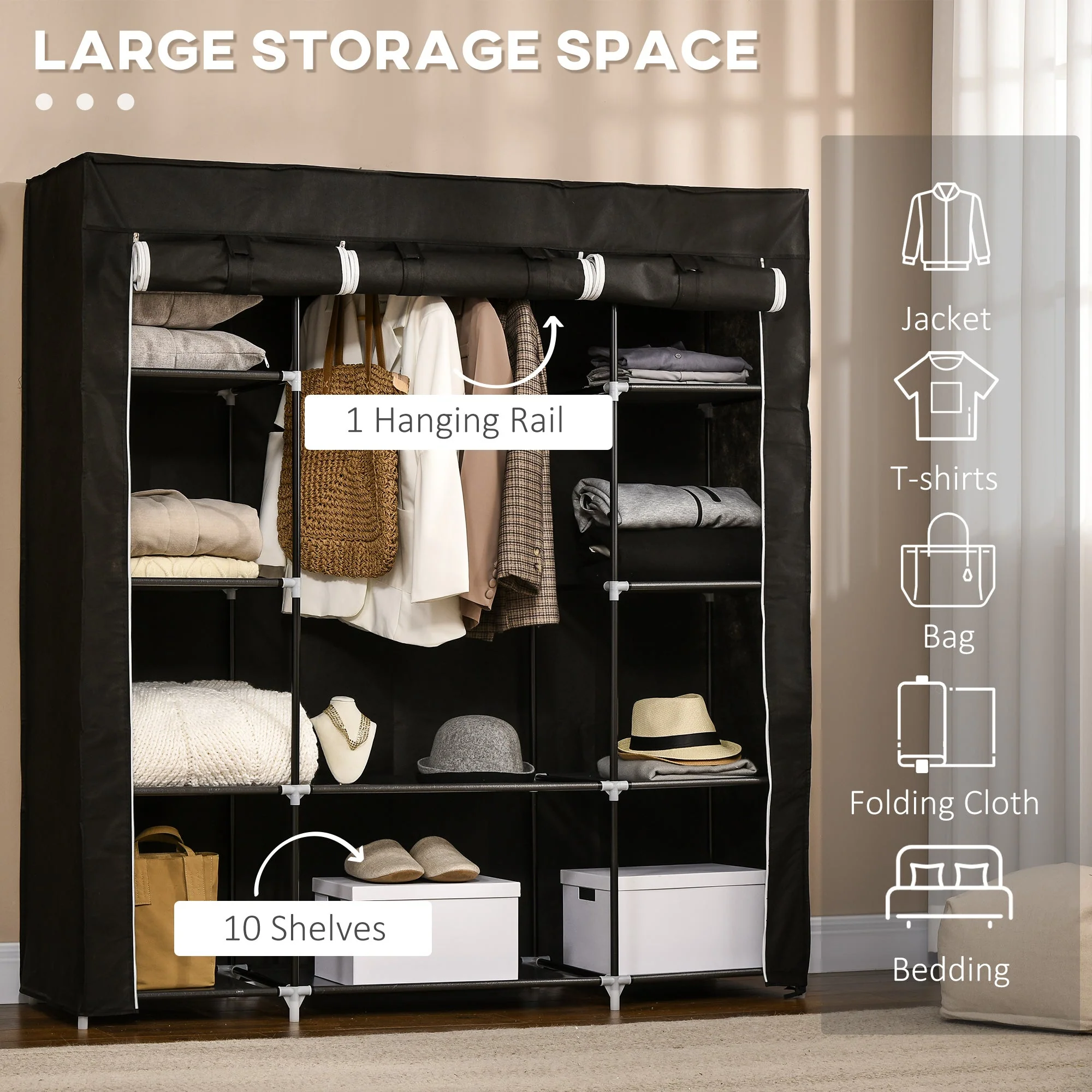 Homcom Fabric Wardrobe Portable Wardrobe With 10 Shelves 1 Hanging Rail Foldable Closets 150 X 43 X 162.5 cm Black - Image 4