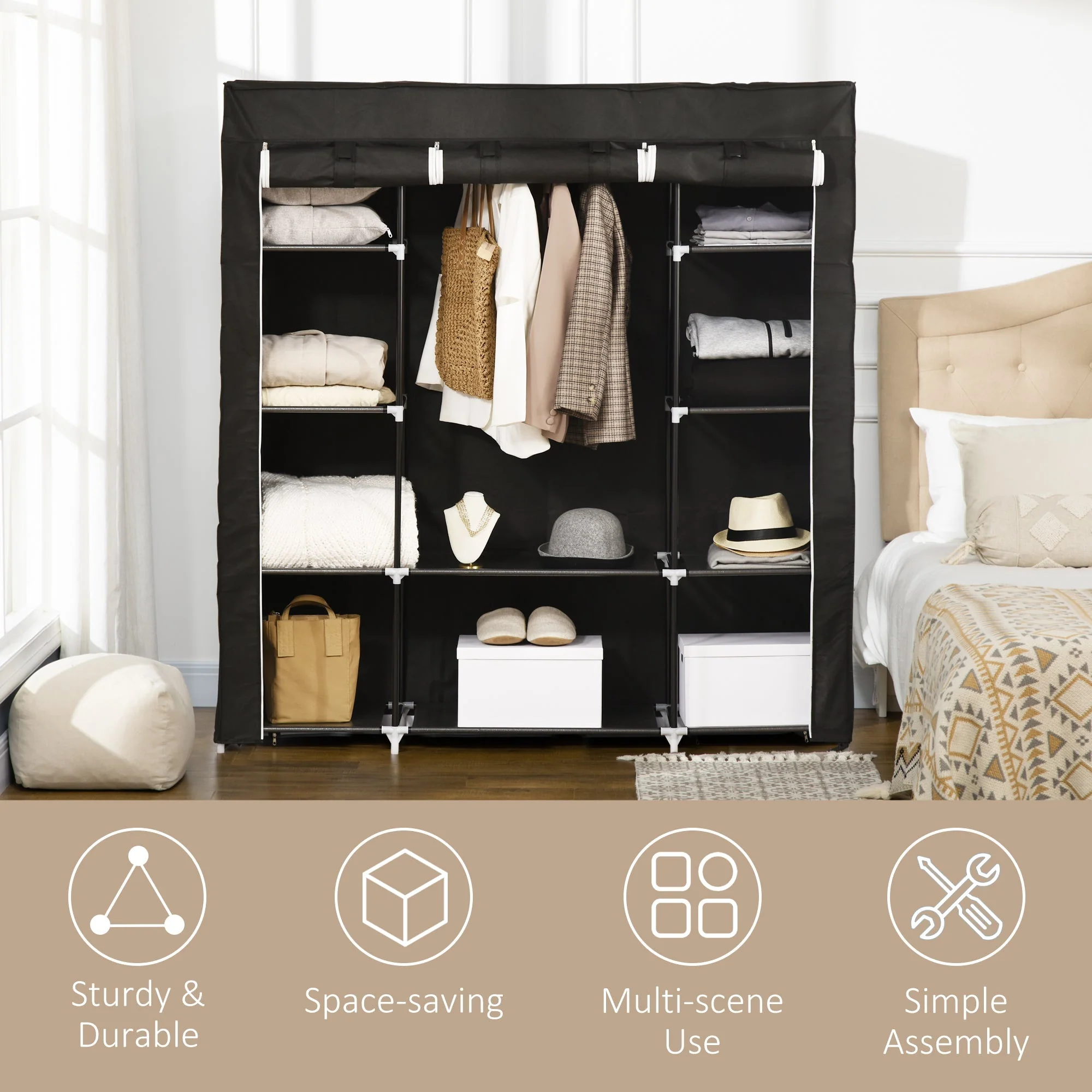 Homcom Fabric Wardrobe Portable Wardrobe With 10 Shelves 1 Hanging Rail Foldable Closets 150 X 43 X 162.5 cm Black - Image 6