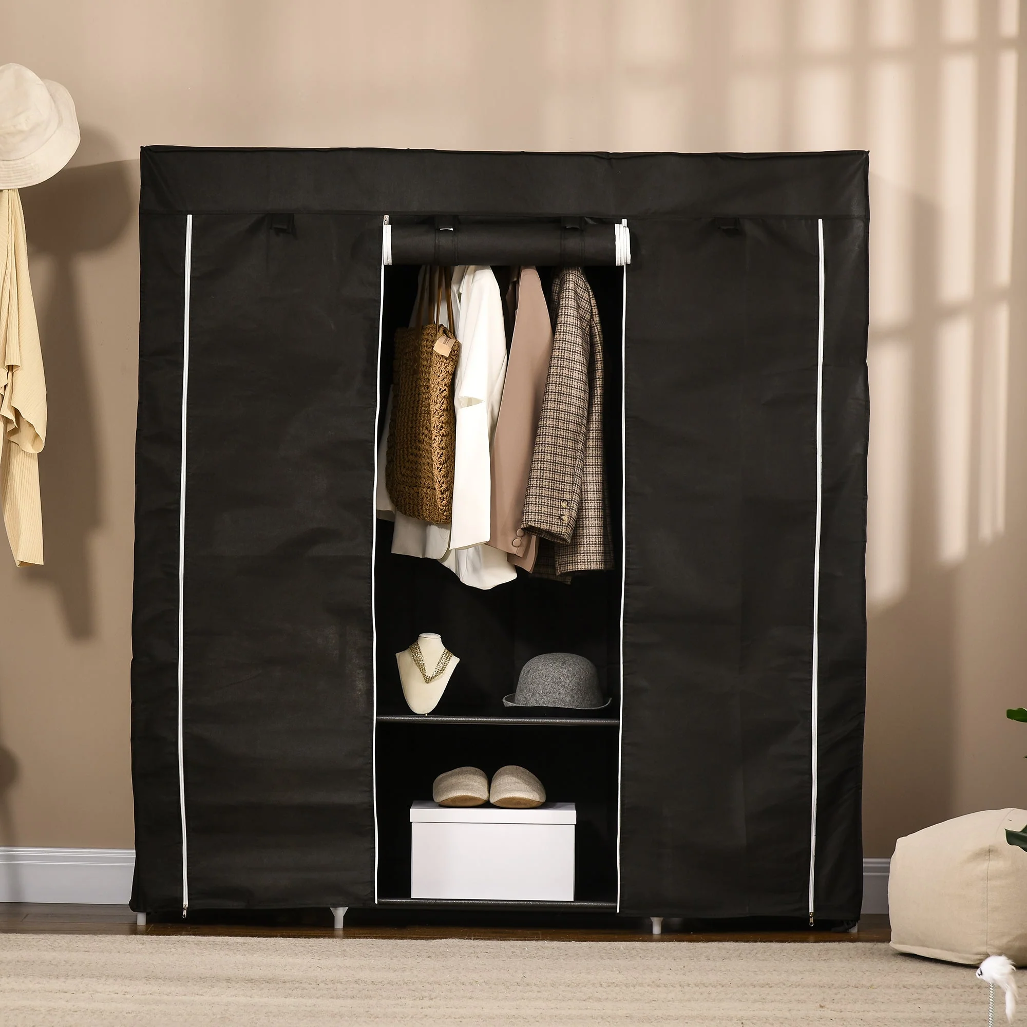 Homcom Fabric Wardrobe Portable Wardrobe With 10 Shelves 1 Hanging Rail Foldable Closets 150 X 43 X 162.5 cm Black - Image 7