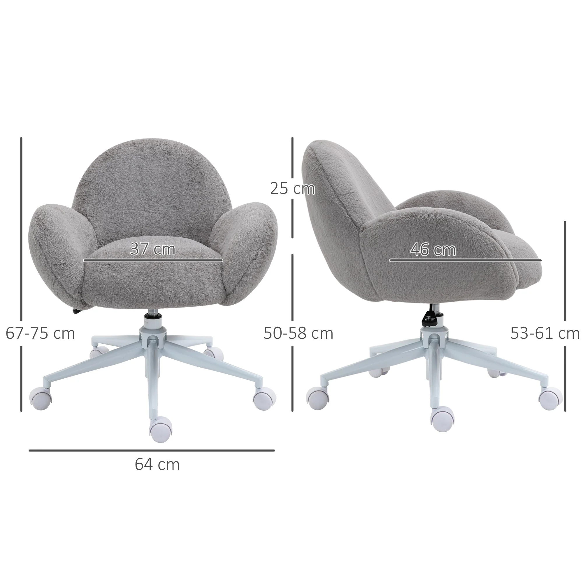 Homcom Fluffy Leisure Chair Office Chair With Backrest And Armrest For Home Bedroom Living Room With Wheels Grey - Image 3