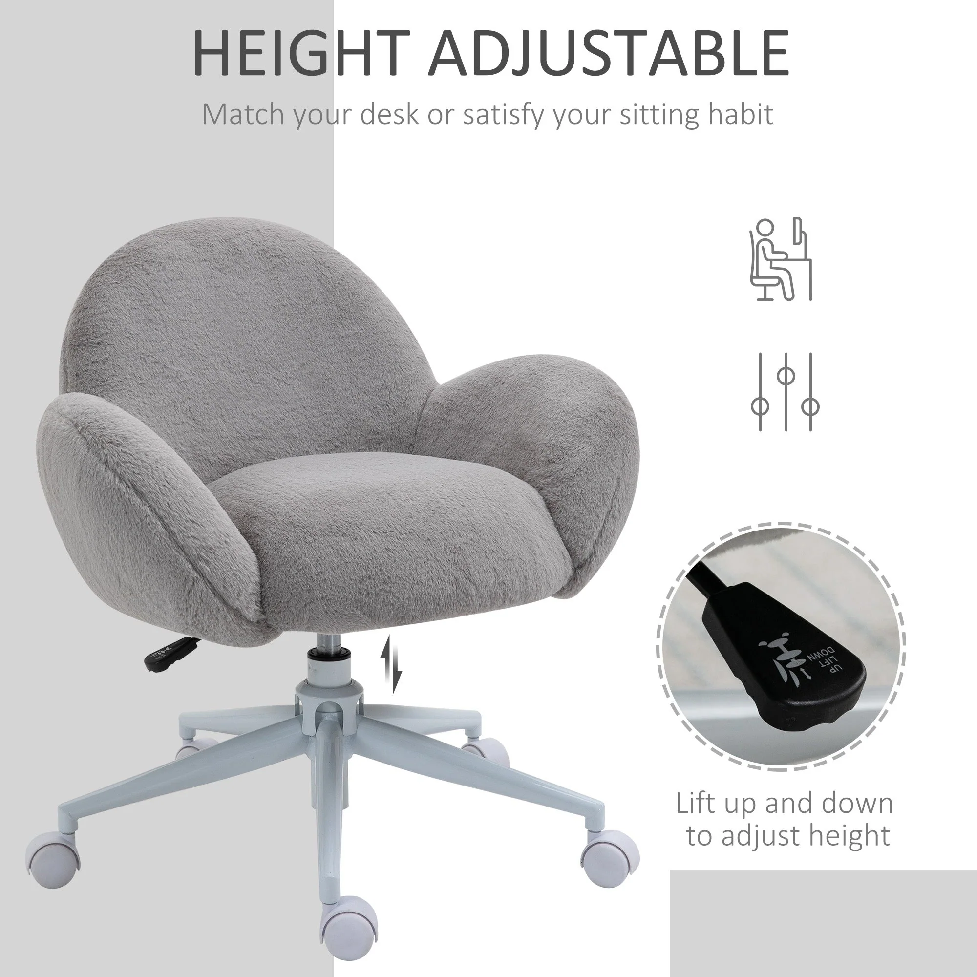Homcom Fluffy Leisure Chair Office Chair With Backrest And Armrest For Home Bedroom Living Room With Wheels Grey - Image 4