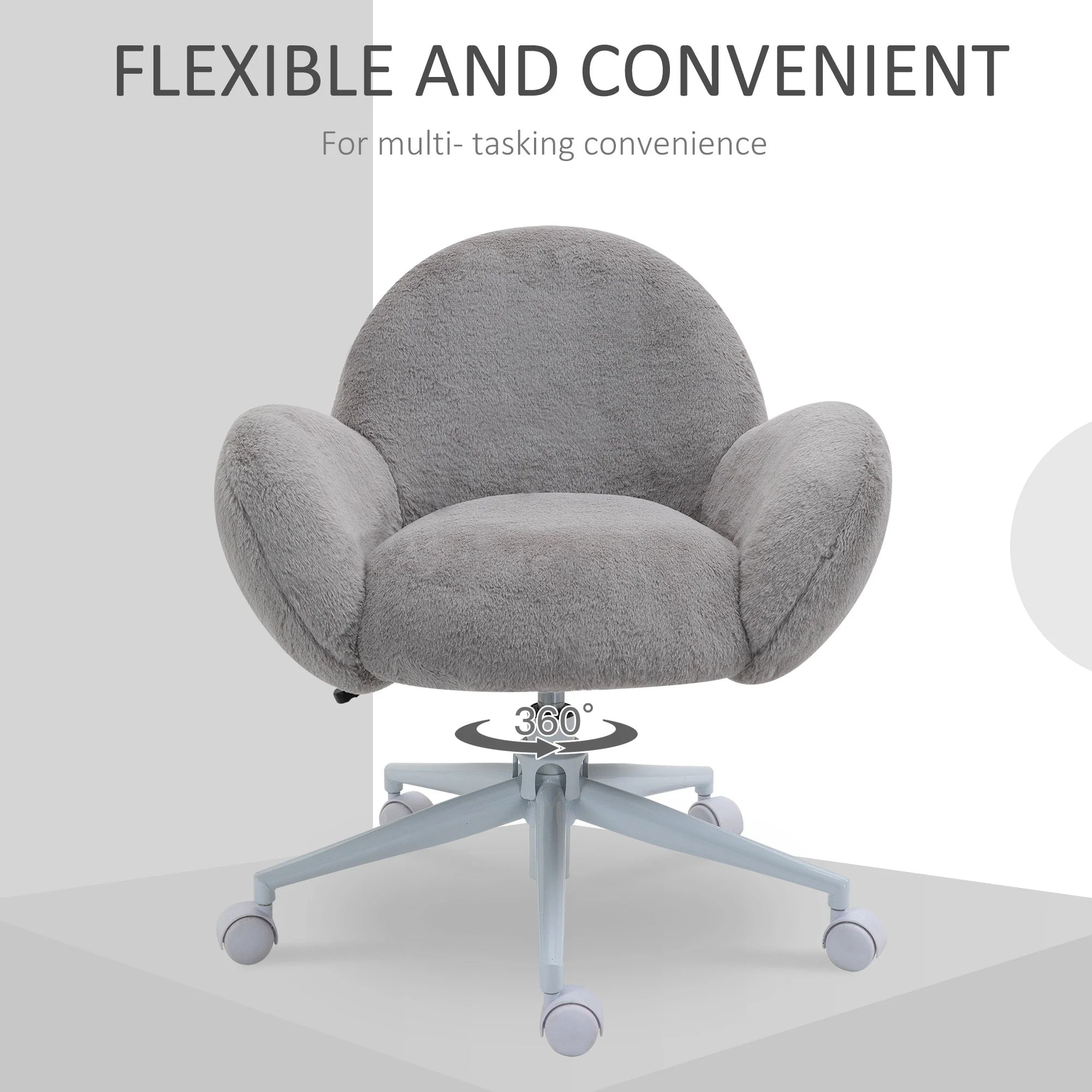 Homcom Fluffy Leisure Chair Office Chair With Backrest And Armrest For Home Bedroom Living Room With Wheels Grey - Image 5