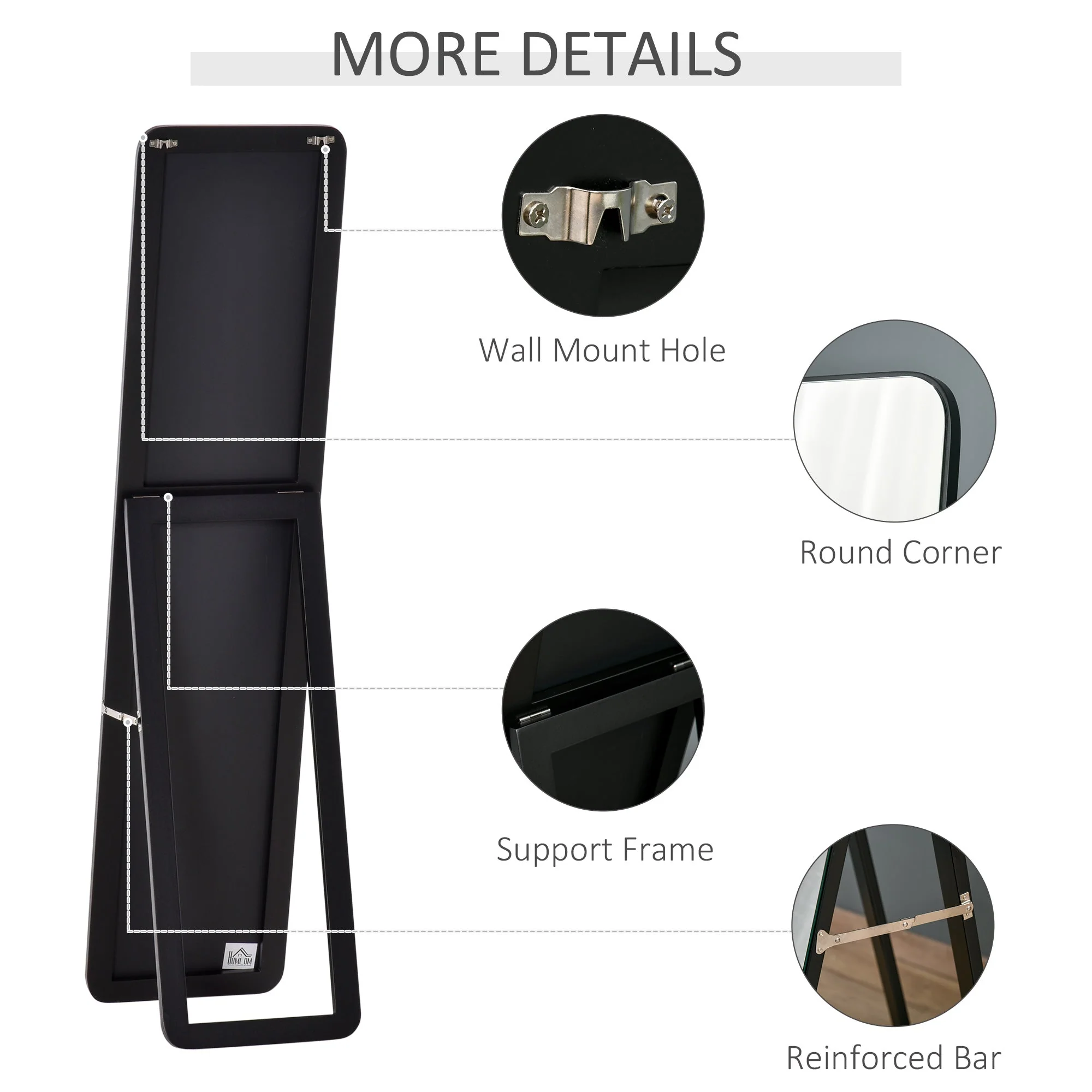 Homcom Full Length Mirror Floor Standing or Wall Mount Dressing Mirror Bedroom Black - Image 6