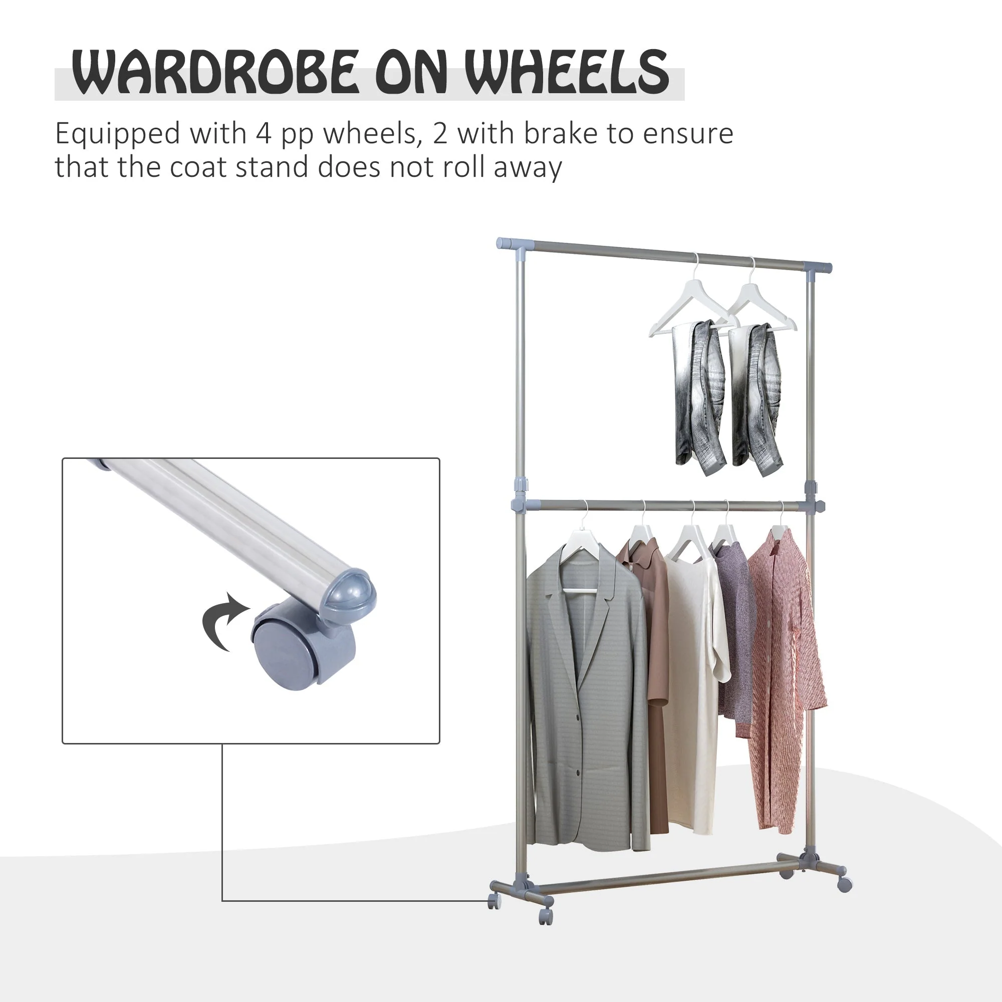 Homcom Heavy Duty Clothes Hanger Garment Rail Hanging Display Stand Rack With Wheels Adjustable - Image 6