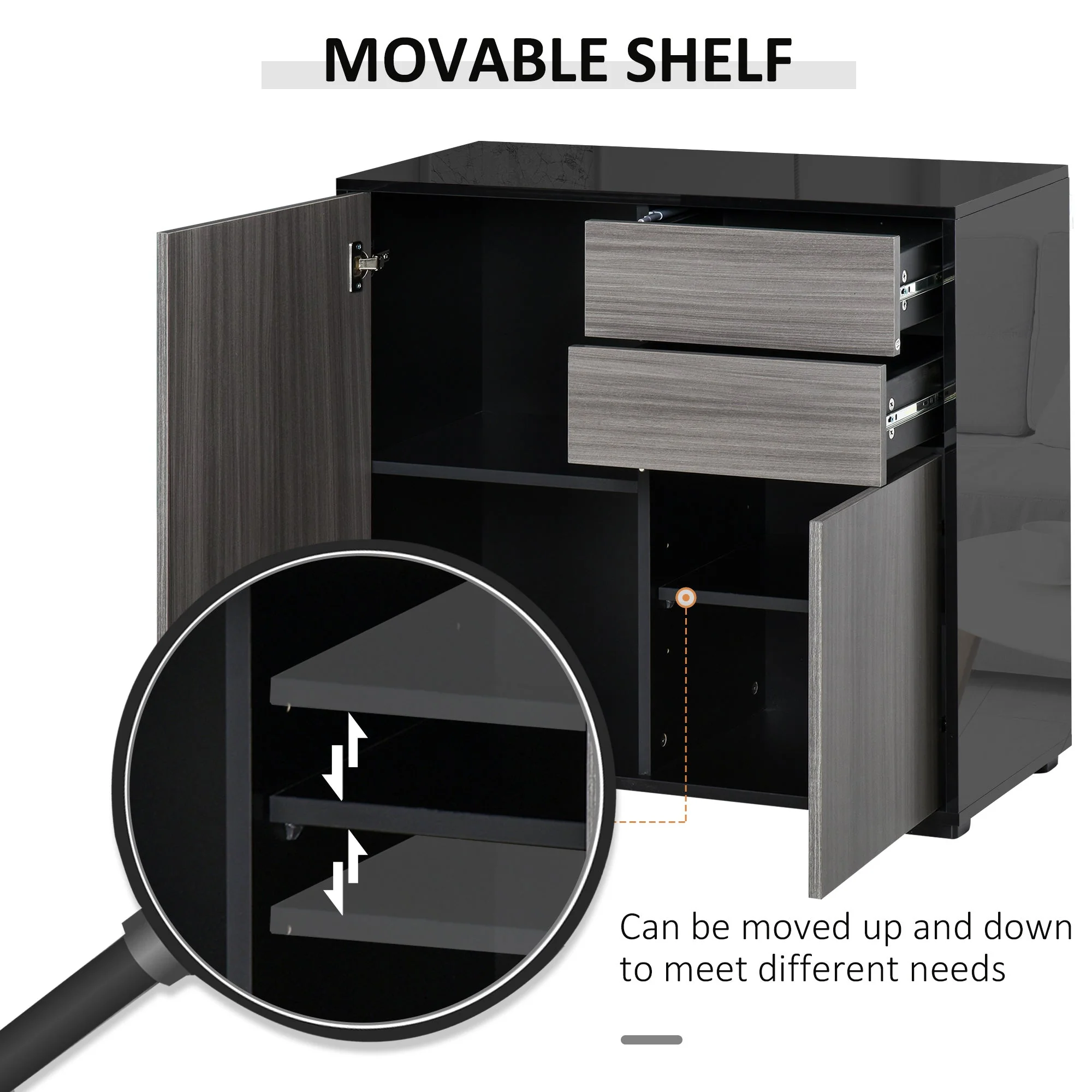 Homcom High Gloss Frame Sideboard Push-Open Design With 2 Drawer For Living Room Bedroom Light Grey And Black - Image 5
