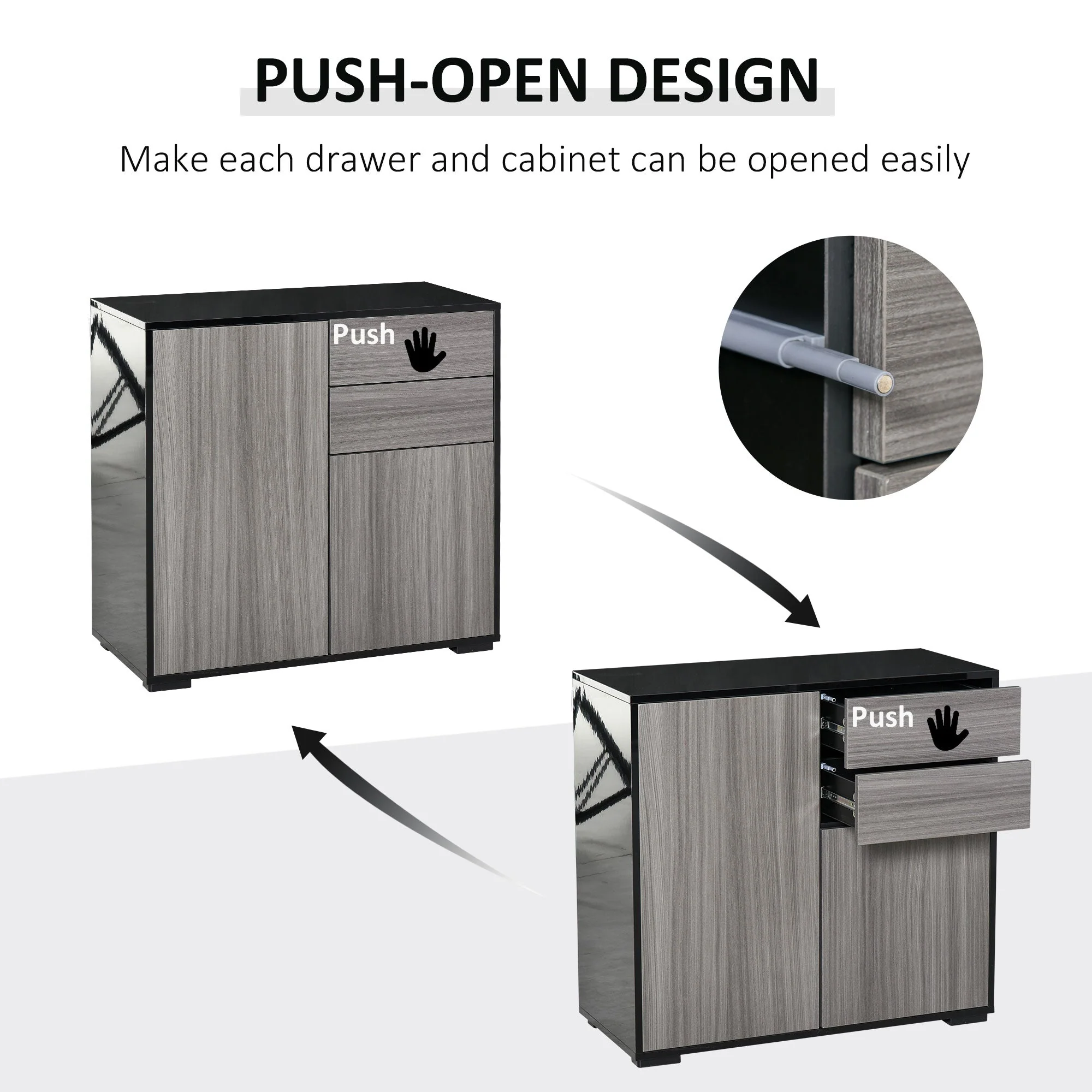 Homcom High Gloss Frame Sideboard Push-Open Design With 2 Drawer For Living Room Bedroom Light Grey And Black - Image 6