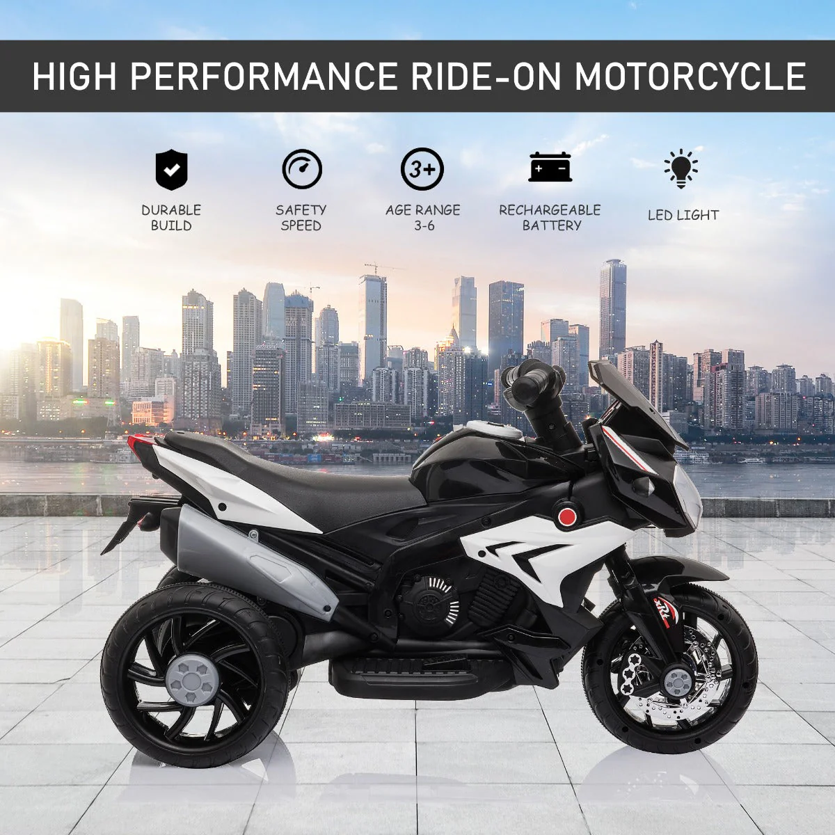 Homcom Kids 6V Battery Steel Enforced Motorcycle Ride On Trike Black - Image 3
