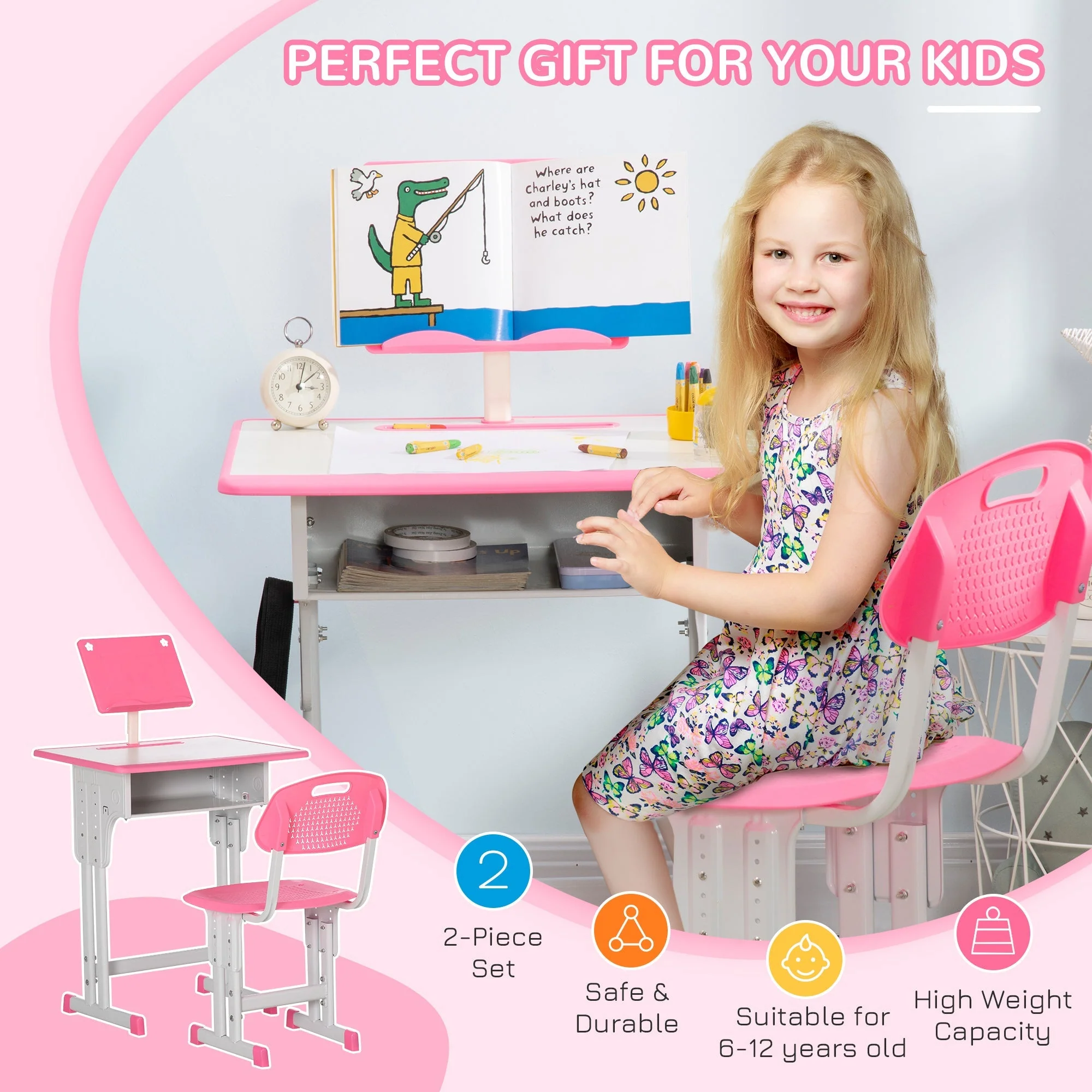 Homcom Kids Adjustable Desk And Chair Set Book Stand Pen Slot - Pink - Image 4
