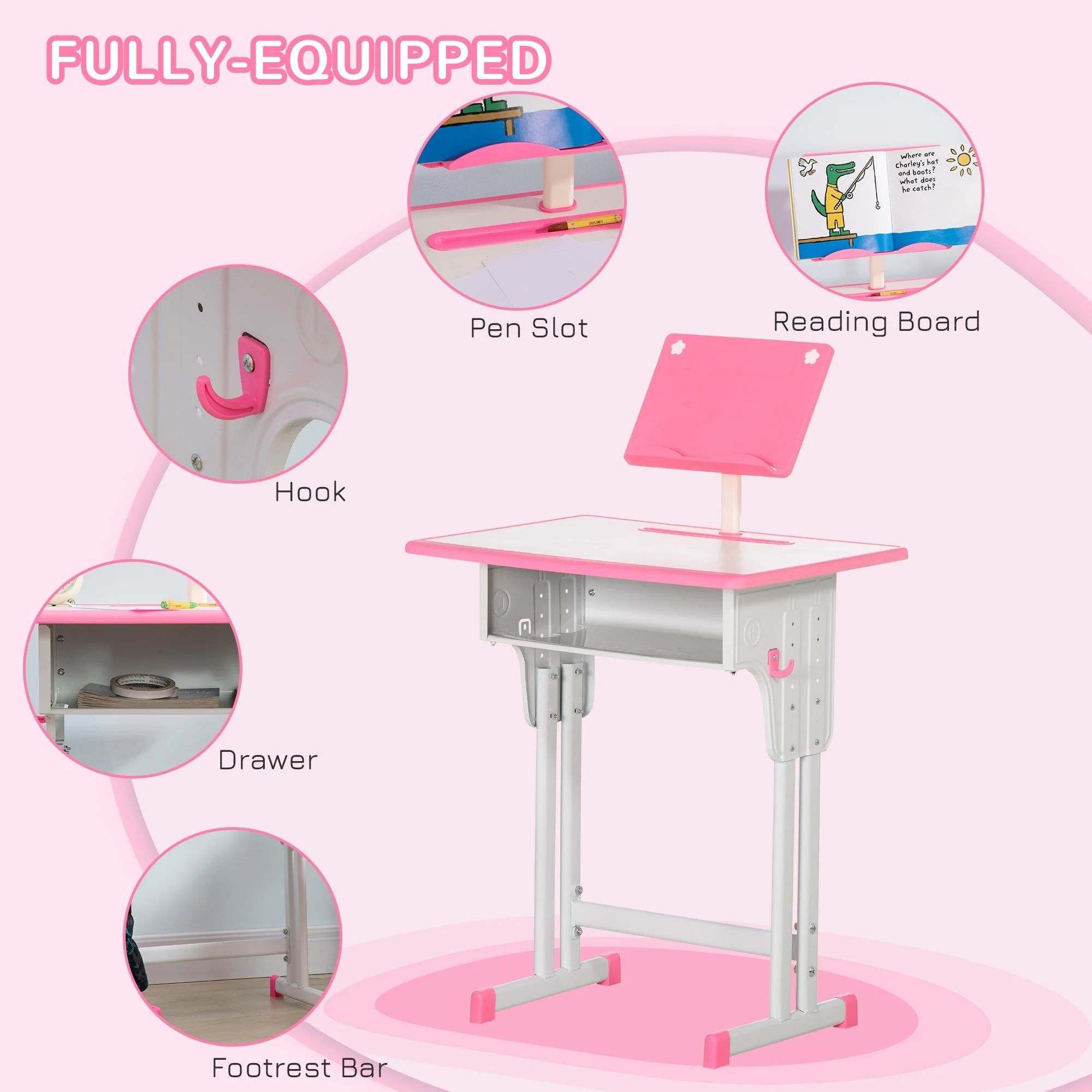 Homcom Kids Adjustable Desk And Chair Set Book Stand Pen Slot - Pink - Image 5