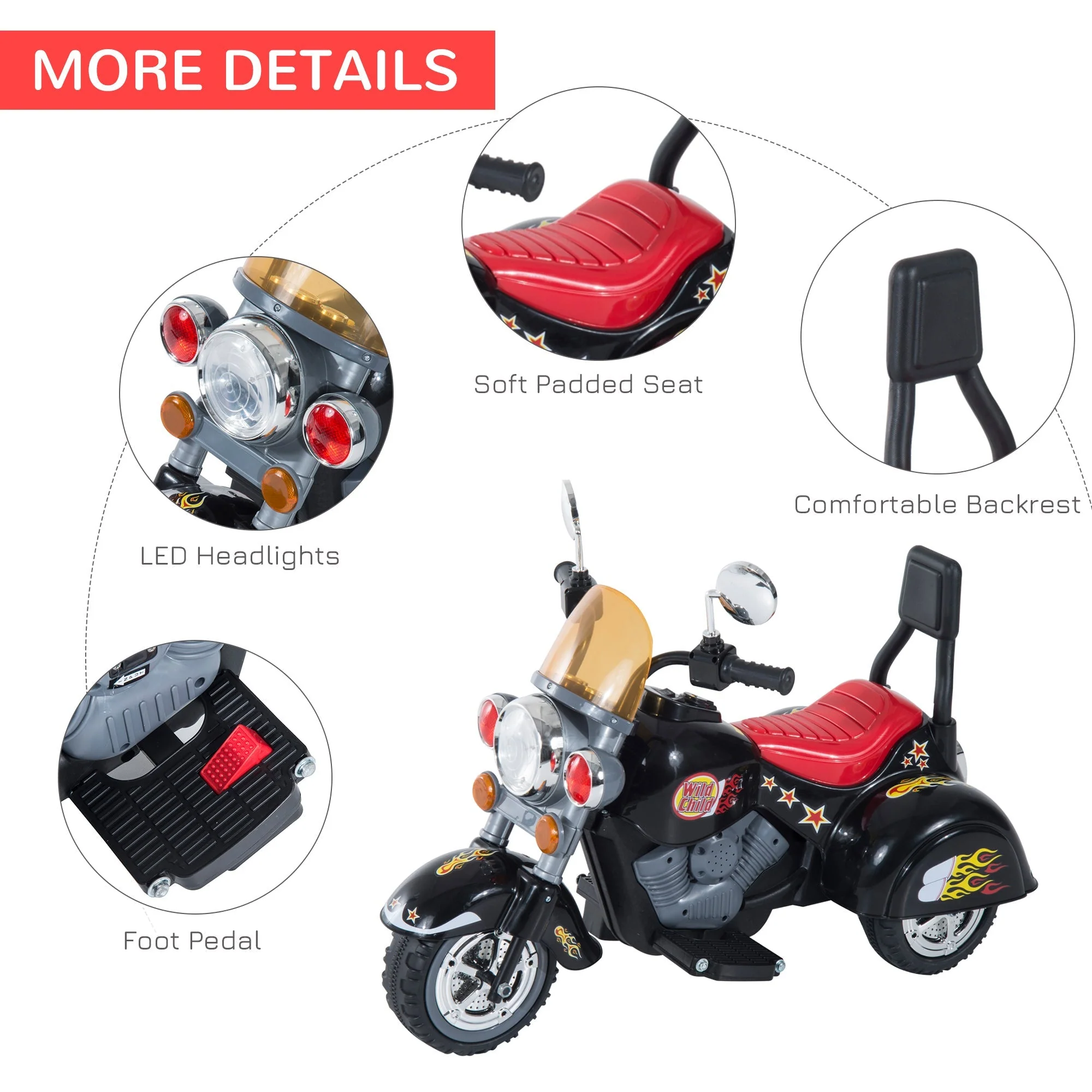 Homcom Kids Ride On Toy Car Motorbike Electric Scooter 6V Battery Operated Toy Trike-Black - Image 6