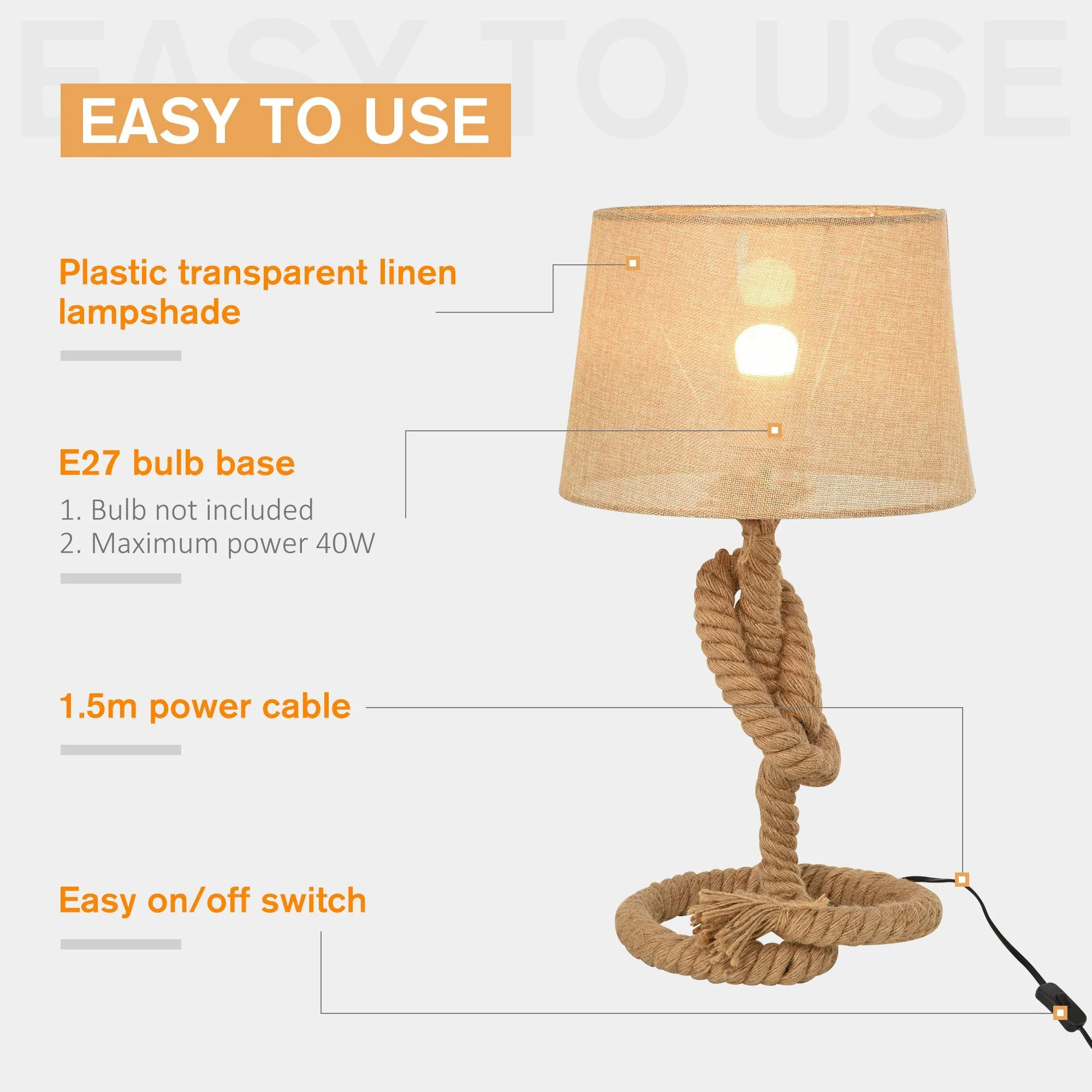 Homcom Nautical Style Table Lamp With Fabric Lampshade Metal Frame Power Switch - Image 6