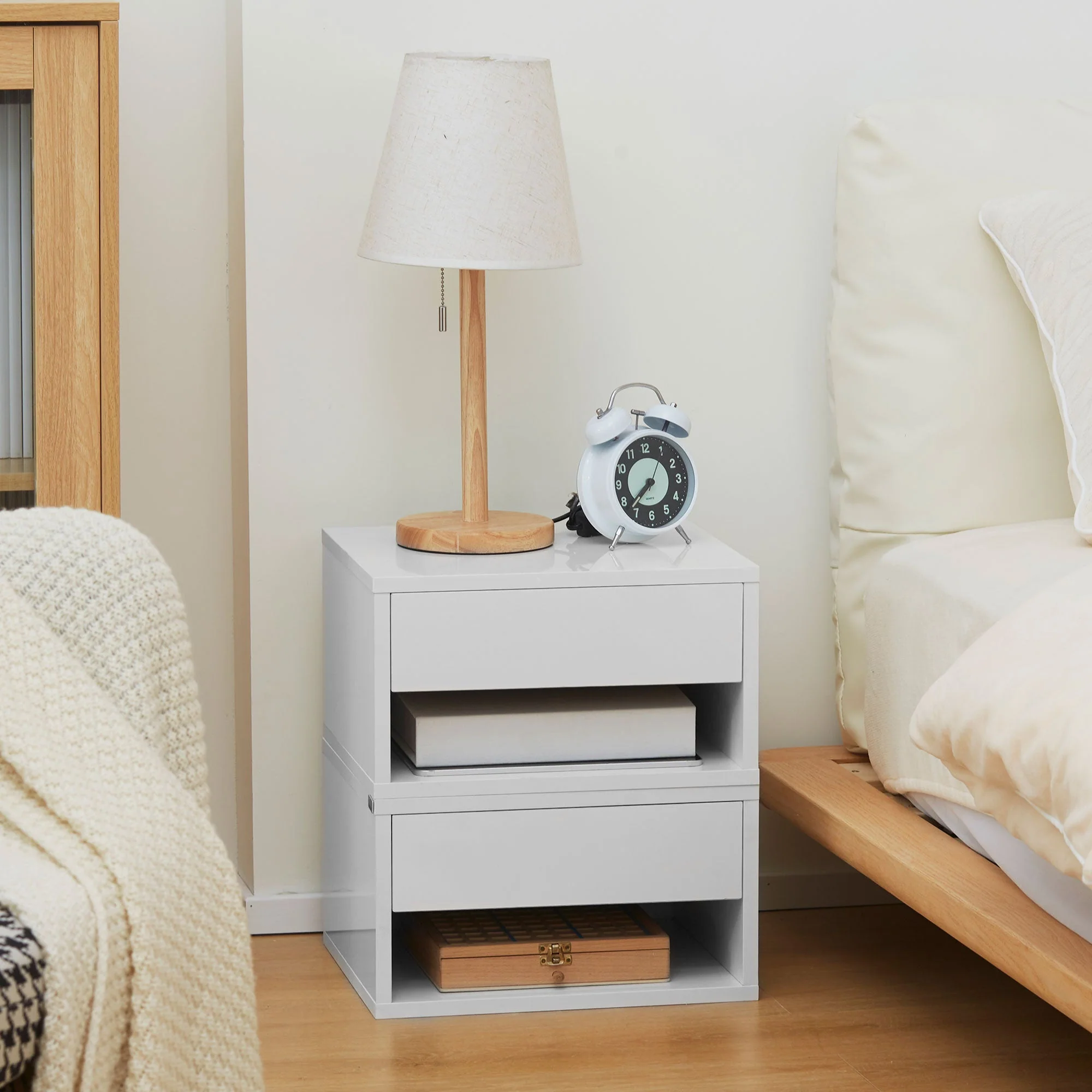 Homcom Set of Two Floating Bedside Tables - High Gloss White - Image 7