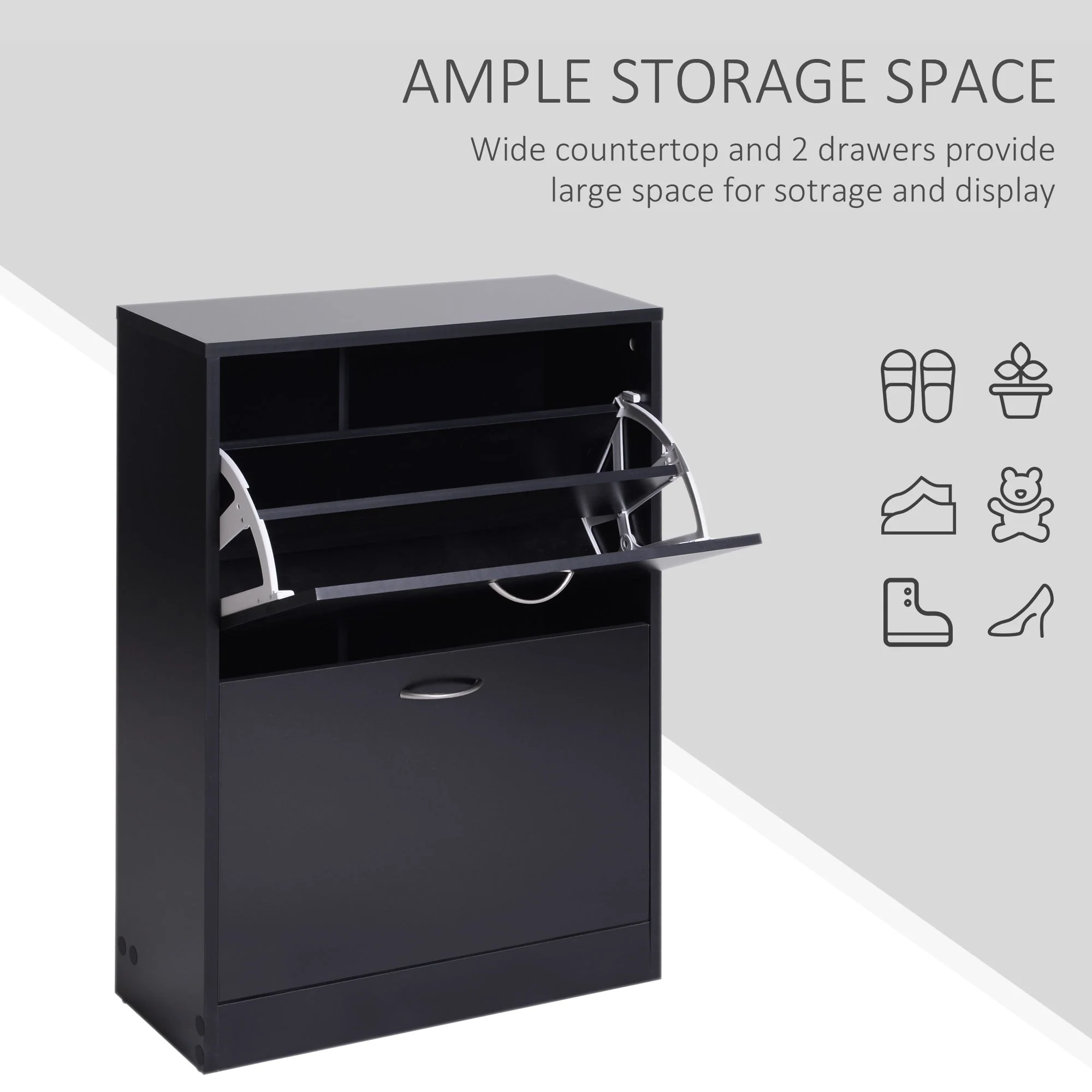 Homcom Shoe Cabinet Storage Cupboard 2-Tier Wood Tipping Bucket Modern Hall Organizer With Drawer Adjustable Shelf Large-Capacity Black - Image 4