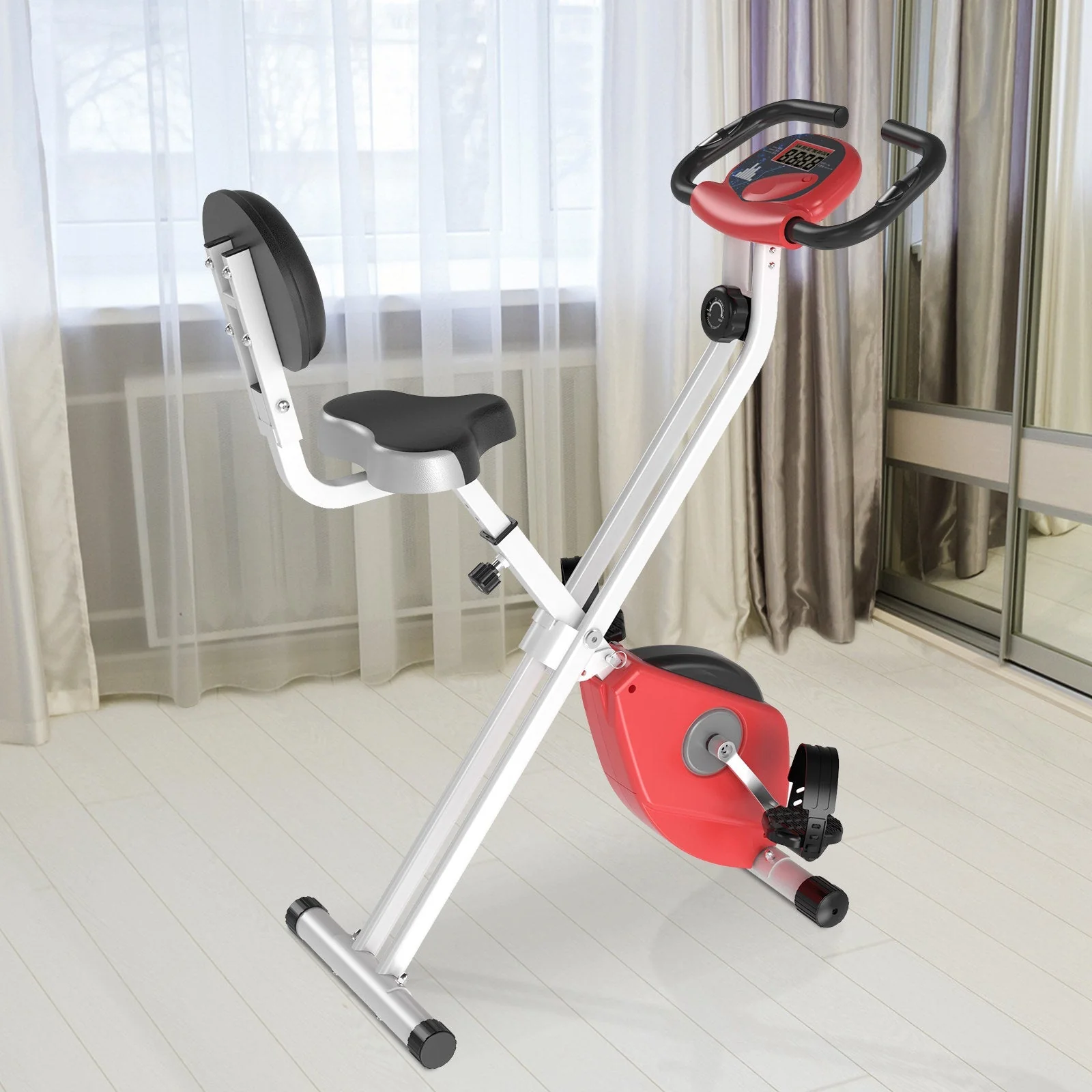 Homcom Steel Manual Stationary Bike Resistance Exercise Bike w/ LCD Monitor Red - Image 2