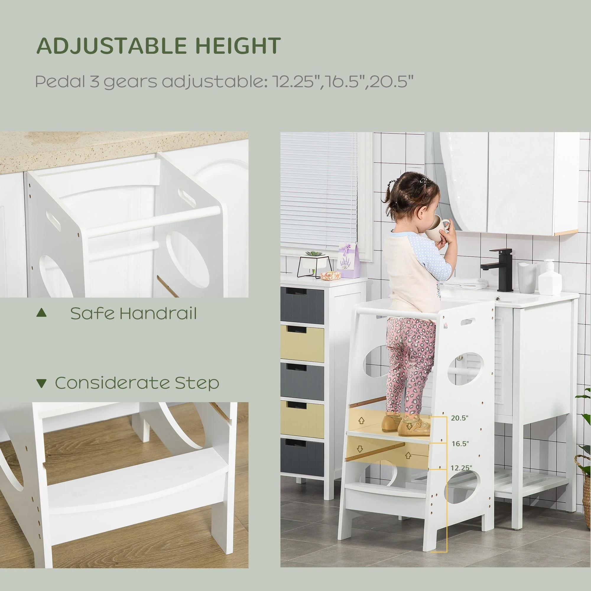 Homcom Toddler Step Stool Kids Adjustable Standing Tower with Safety Rail for Kitchen Counter White - Image 4