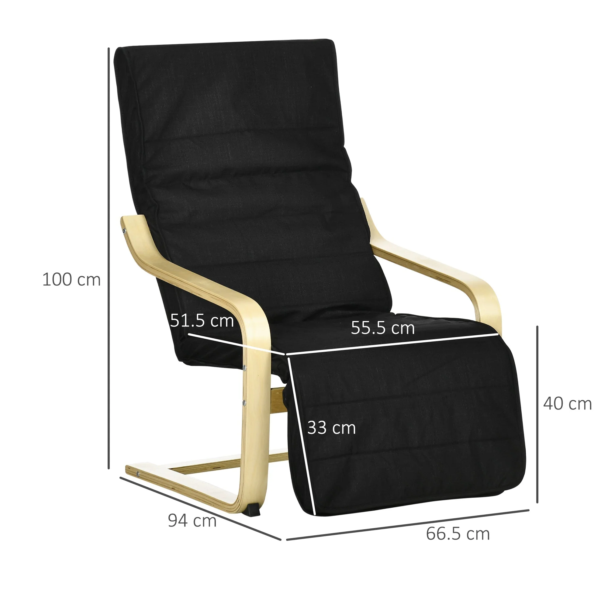 Homcom Wooden Lounging Chair Deck Relaxing Recliner Lounge Seat With Adjustable Footrest & Removable Cushion Black - Image 3
